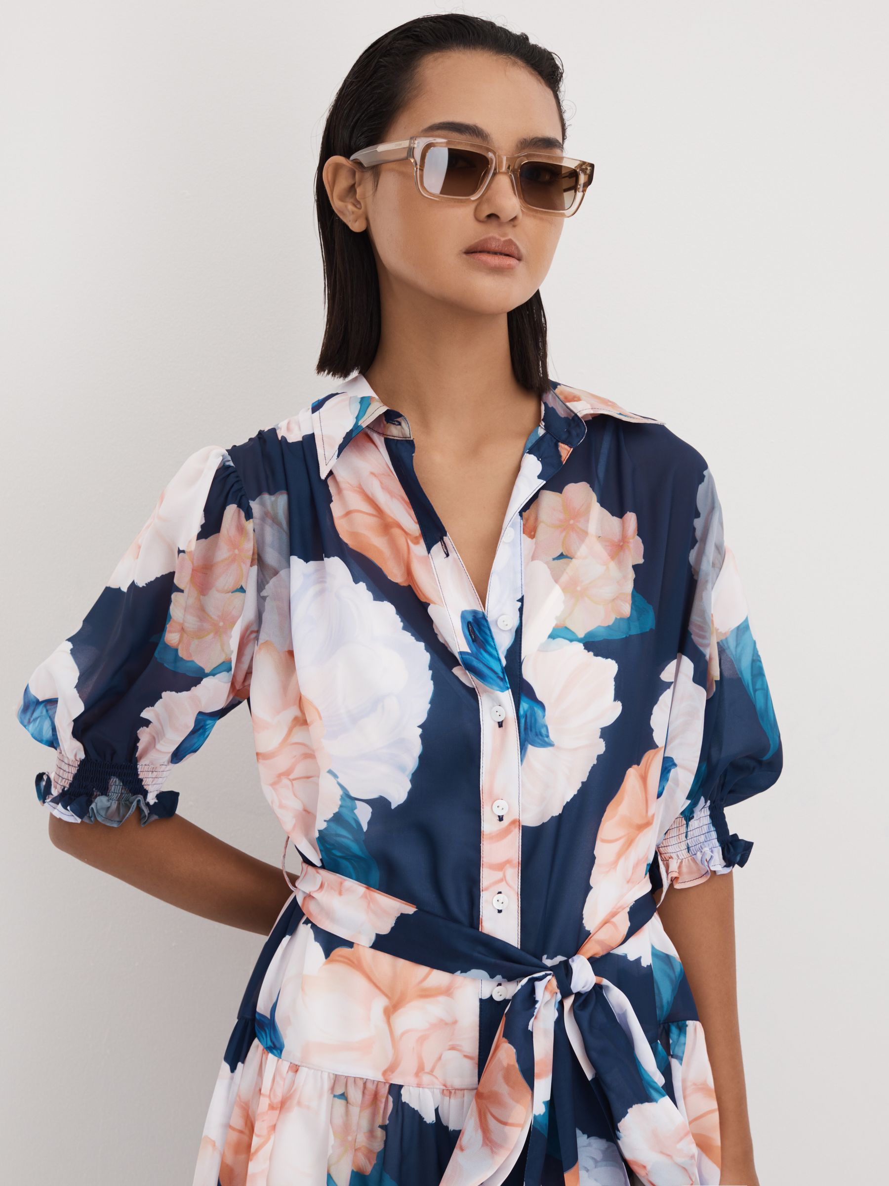 Leo Lin Printed Bishop Sleeve Midi Dress in Rosebud Print Navy - Image 3 of 5