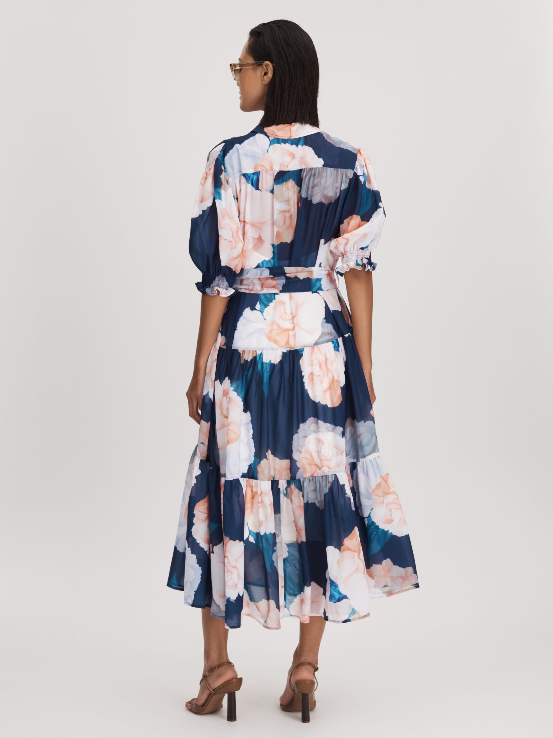 Leo Lin Printed Bishop Sleeve Midi Dress in Rosebud Print Navy - Image 4 of 5