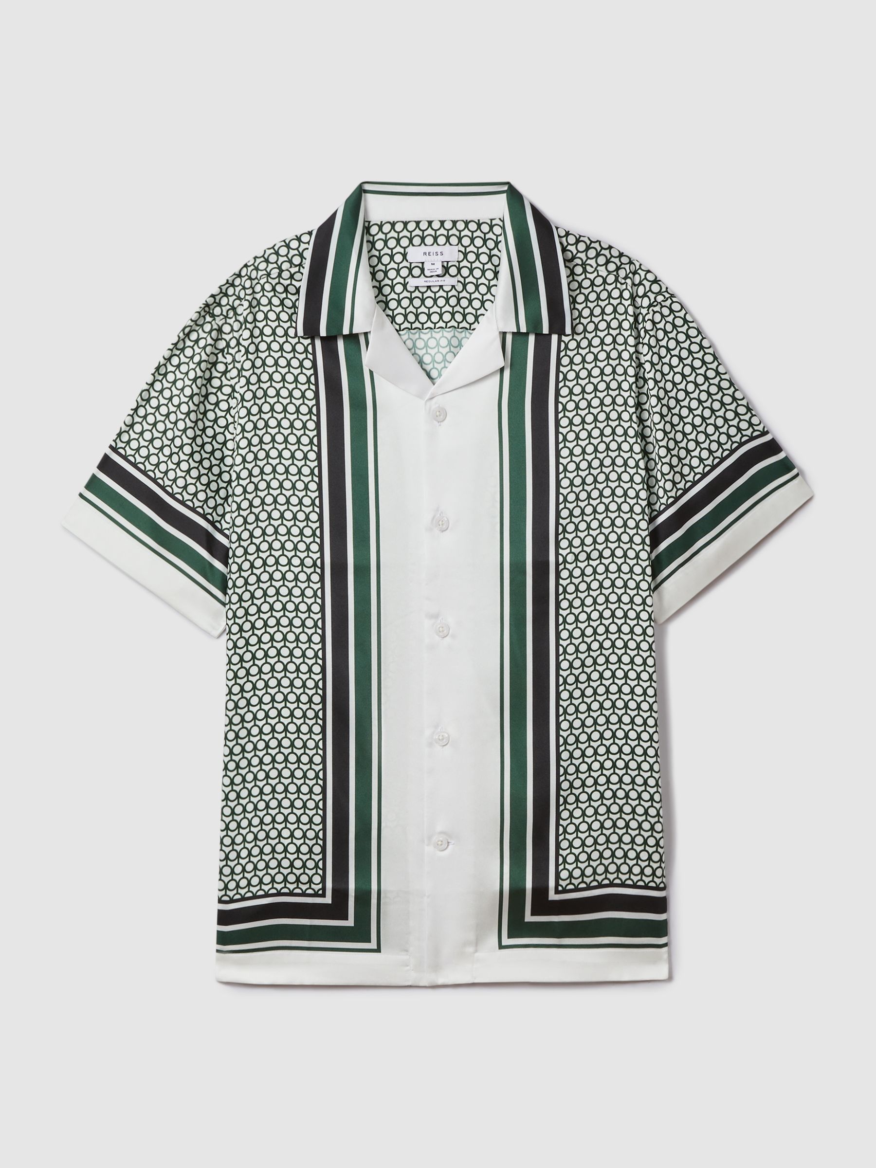 Geometric Print Cuban Collar Shirt in White/Green - Image 2 of 6