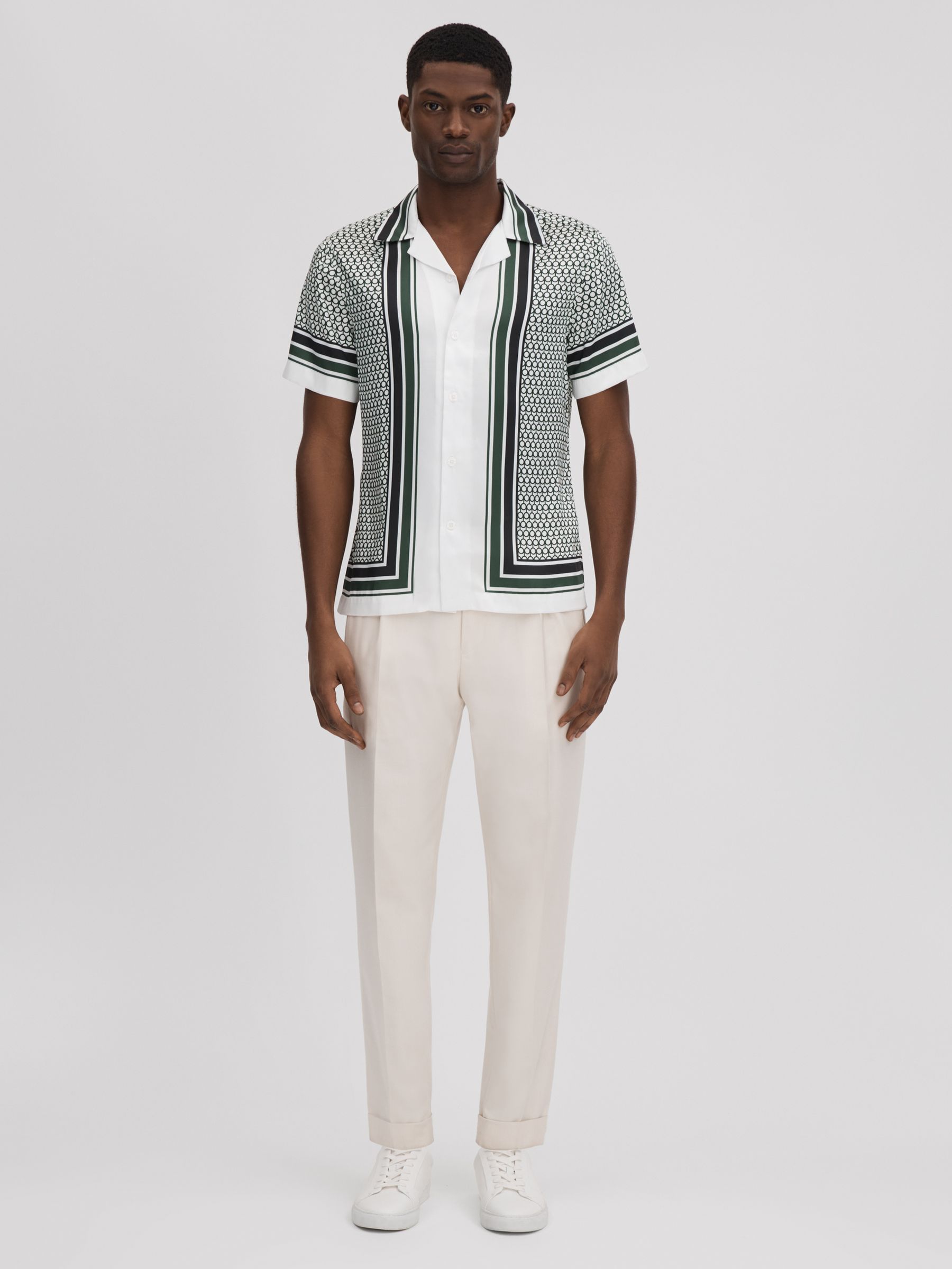 Geometric Print Cuban Collar Shirt in White/Green - Image 3 of 6