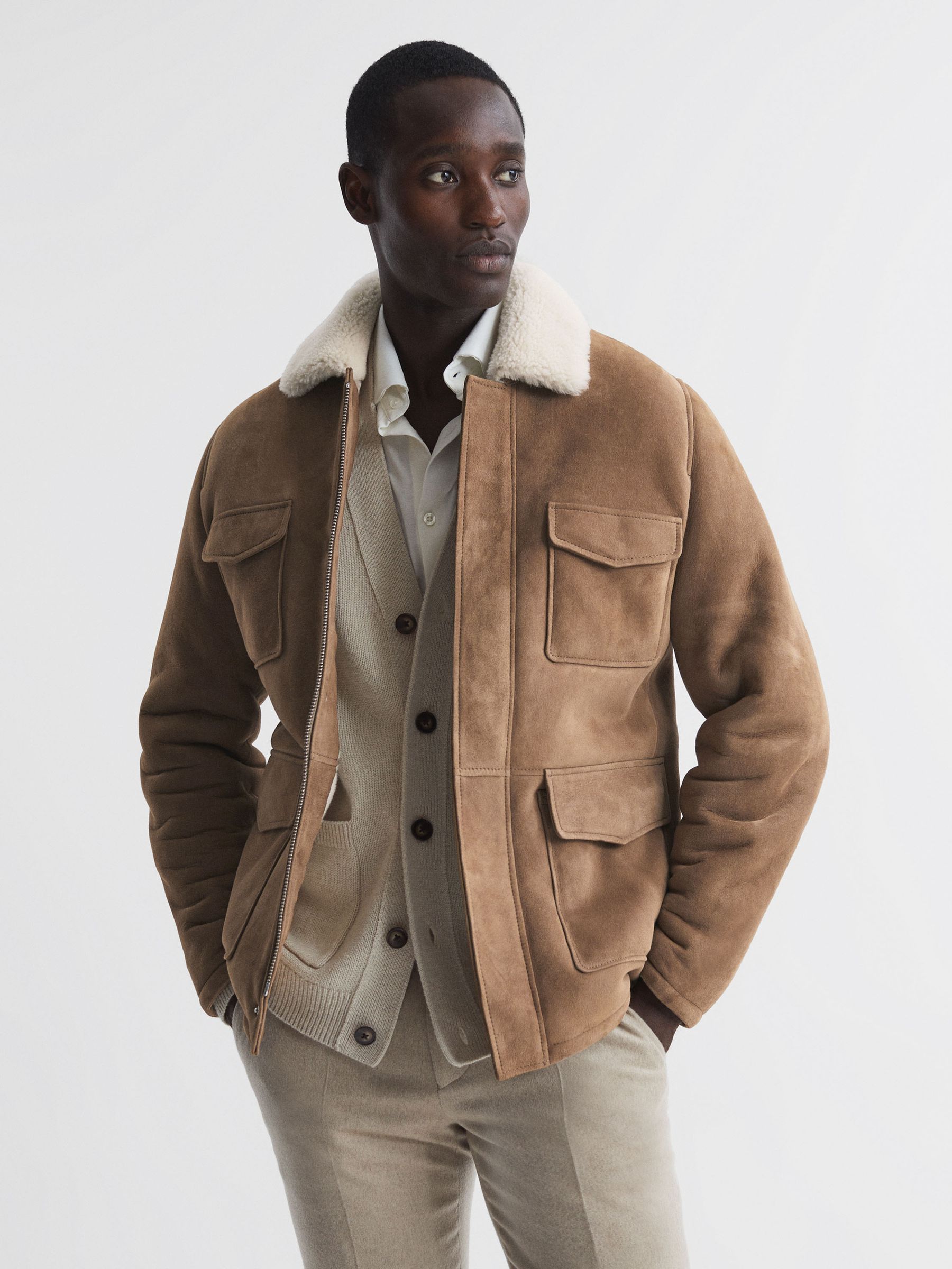 Shearling Zip-Through Jacket in Camel - Image 1 of 6