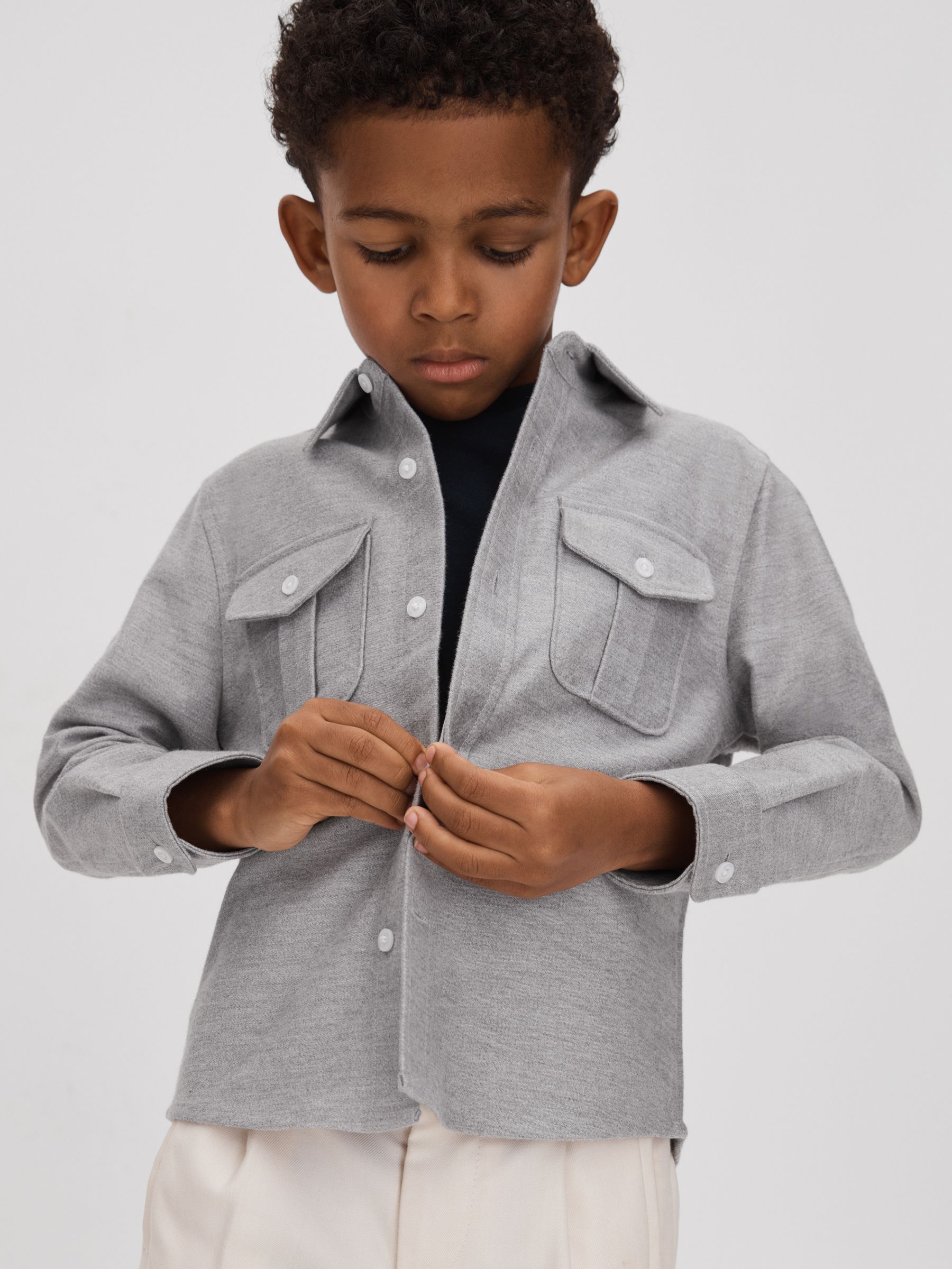 13-14 yrs Brushed Cotton Patch Pocket Overshirt in Soft Grey - Image 3 of 4