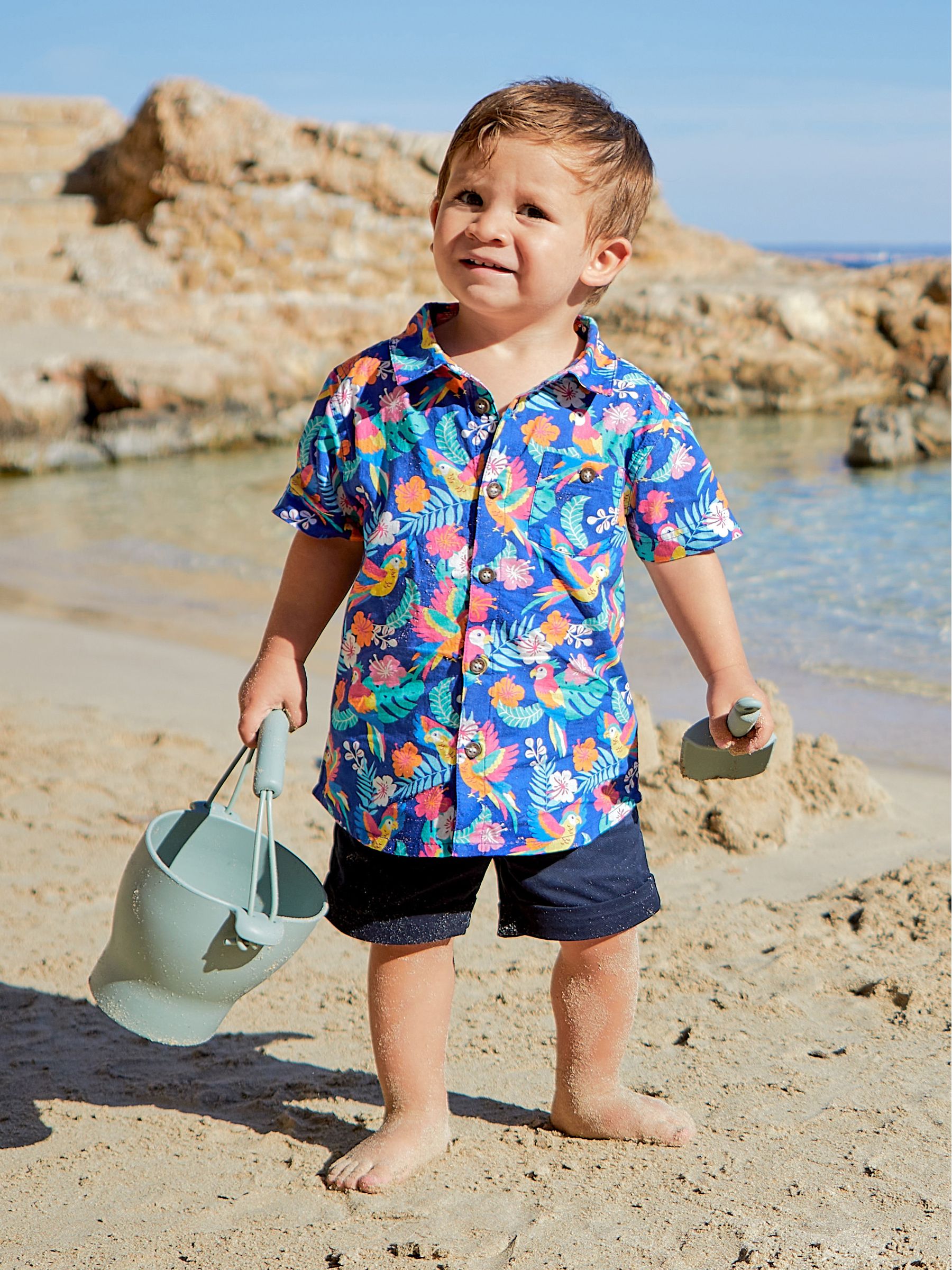 Navy Blue Tropical Bird Printed Short Sleeve Shirt - Image 1 of 4
