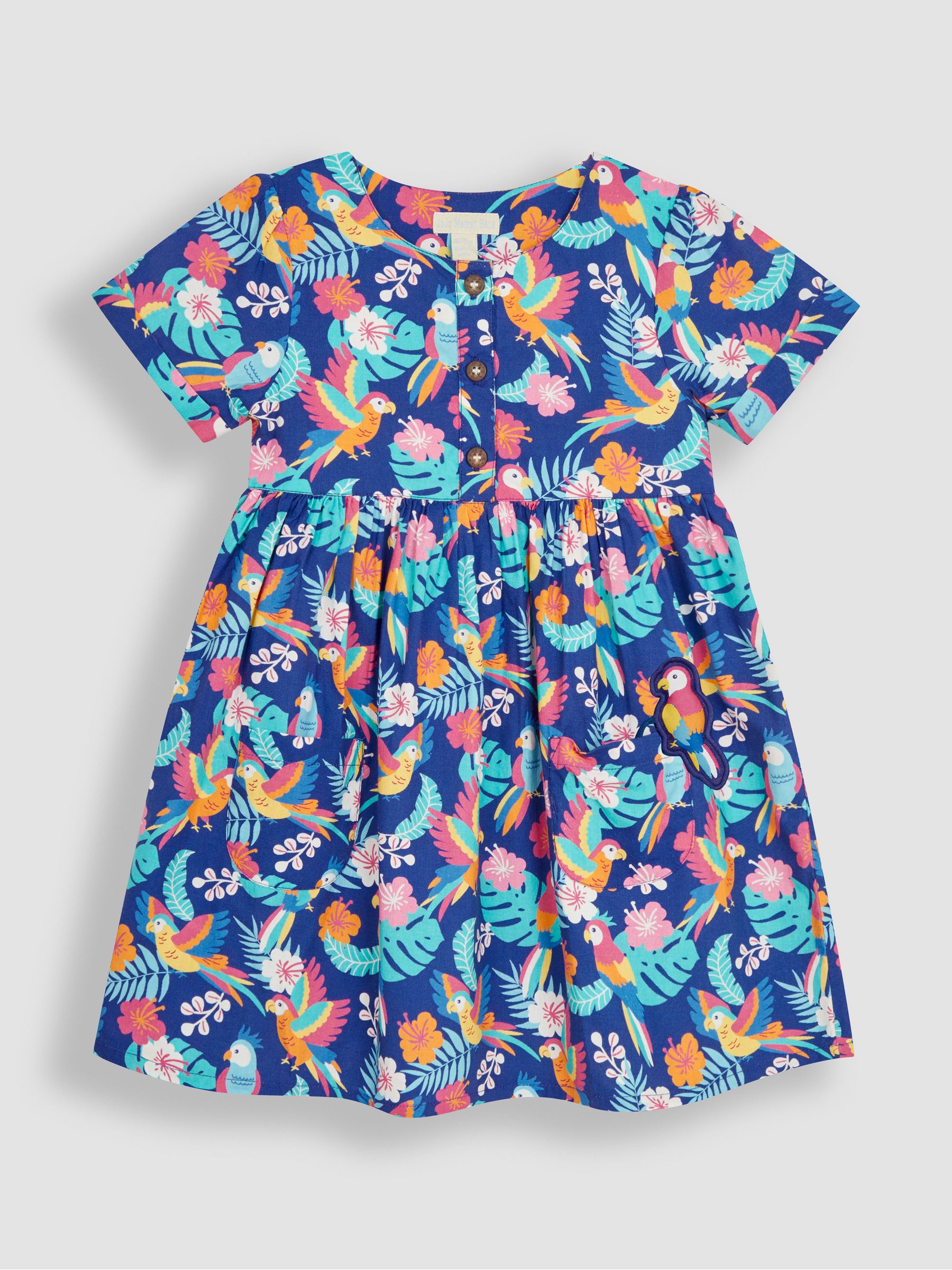Navy Blue Bird Button Front Pet In Pocket Summer Dress - Image 1 of 4
