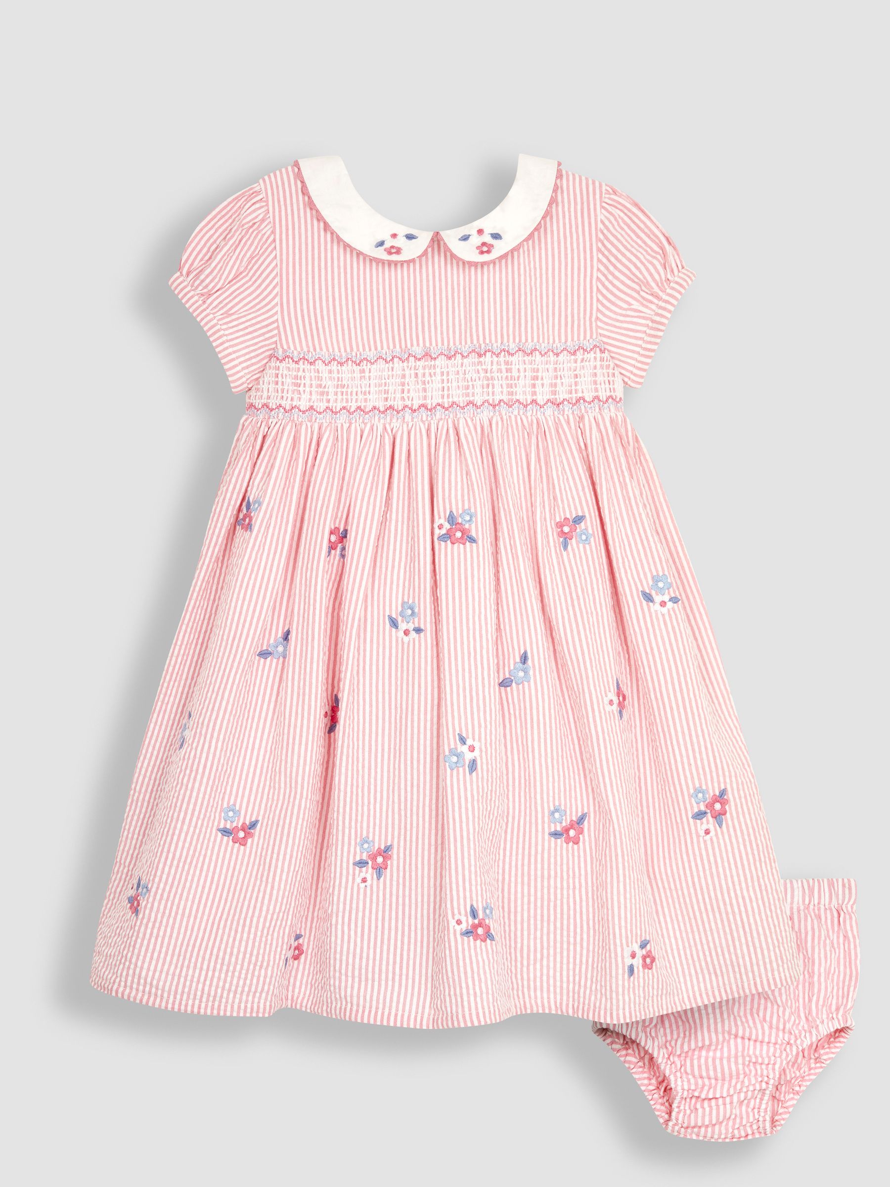 Coral Pink Floral Embroidered Smocked Dress - Image 1 of 4