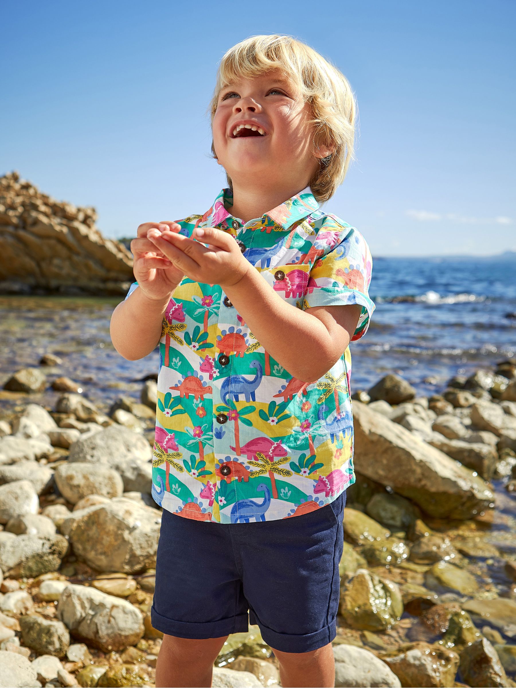 White White Dinosaur Scene Printed Short Sleeve Shirt - Image 1 of 5