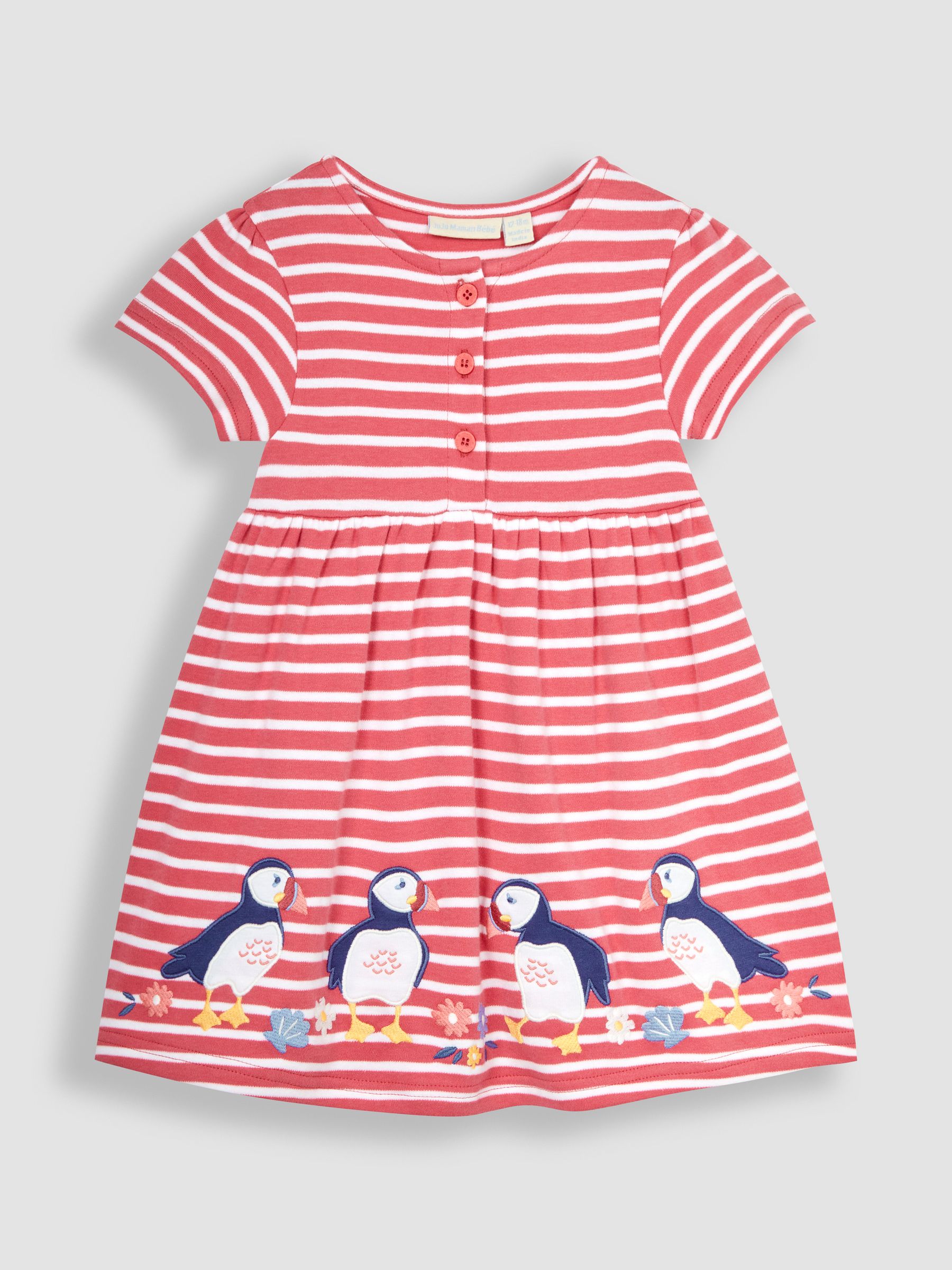 Coral Pink Puffin Stripe Appliqué Button Front Jersey Dress - Image 4 of 6