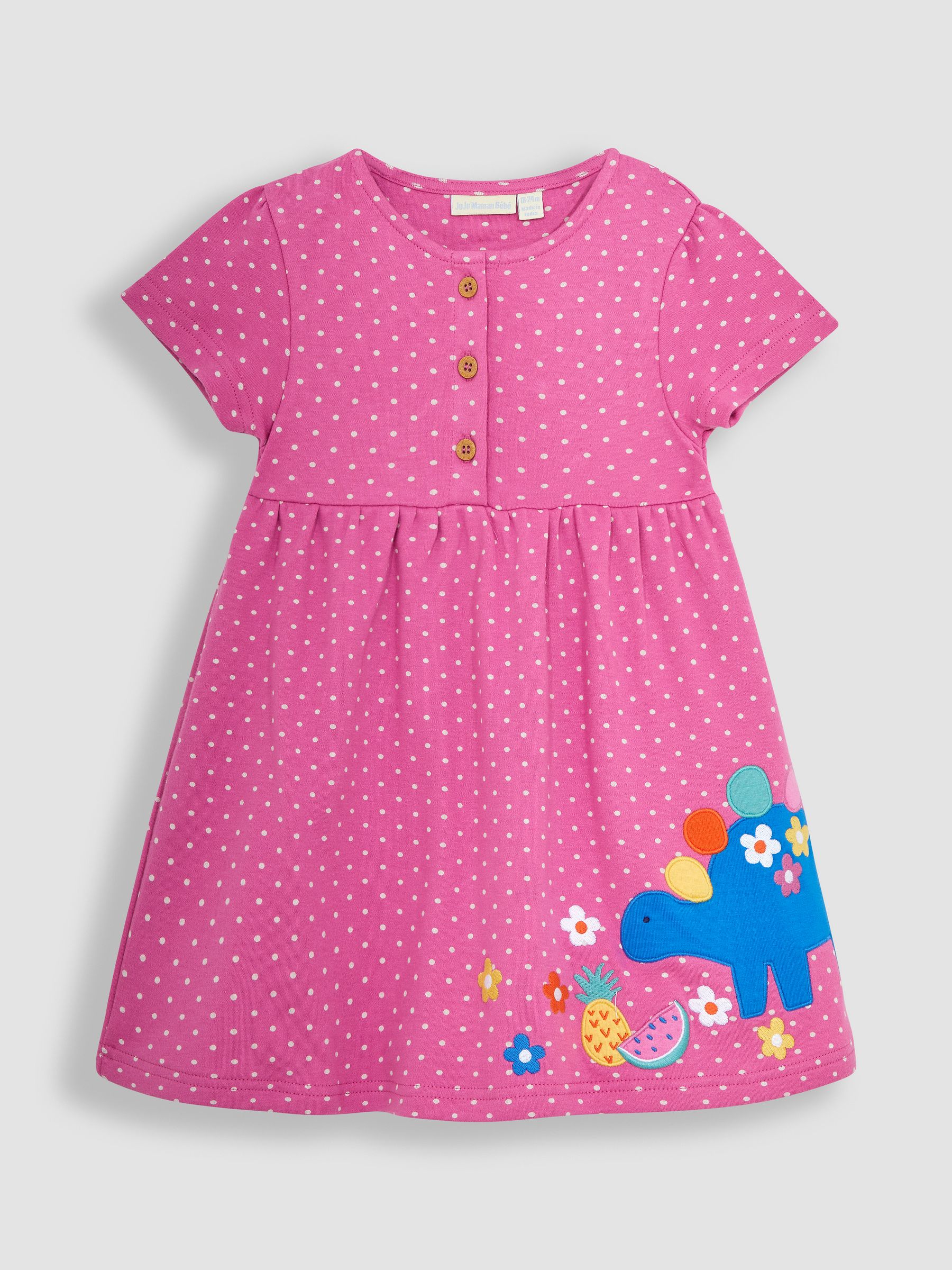 Fuchsia Pink Dinosaur Spot Appliqué Button Front Jersey Dress - Image 2 of 4
