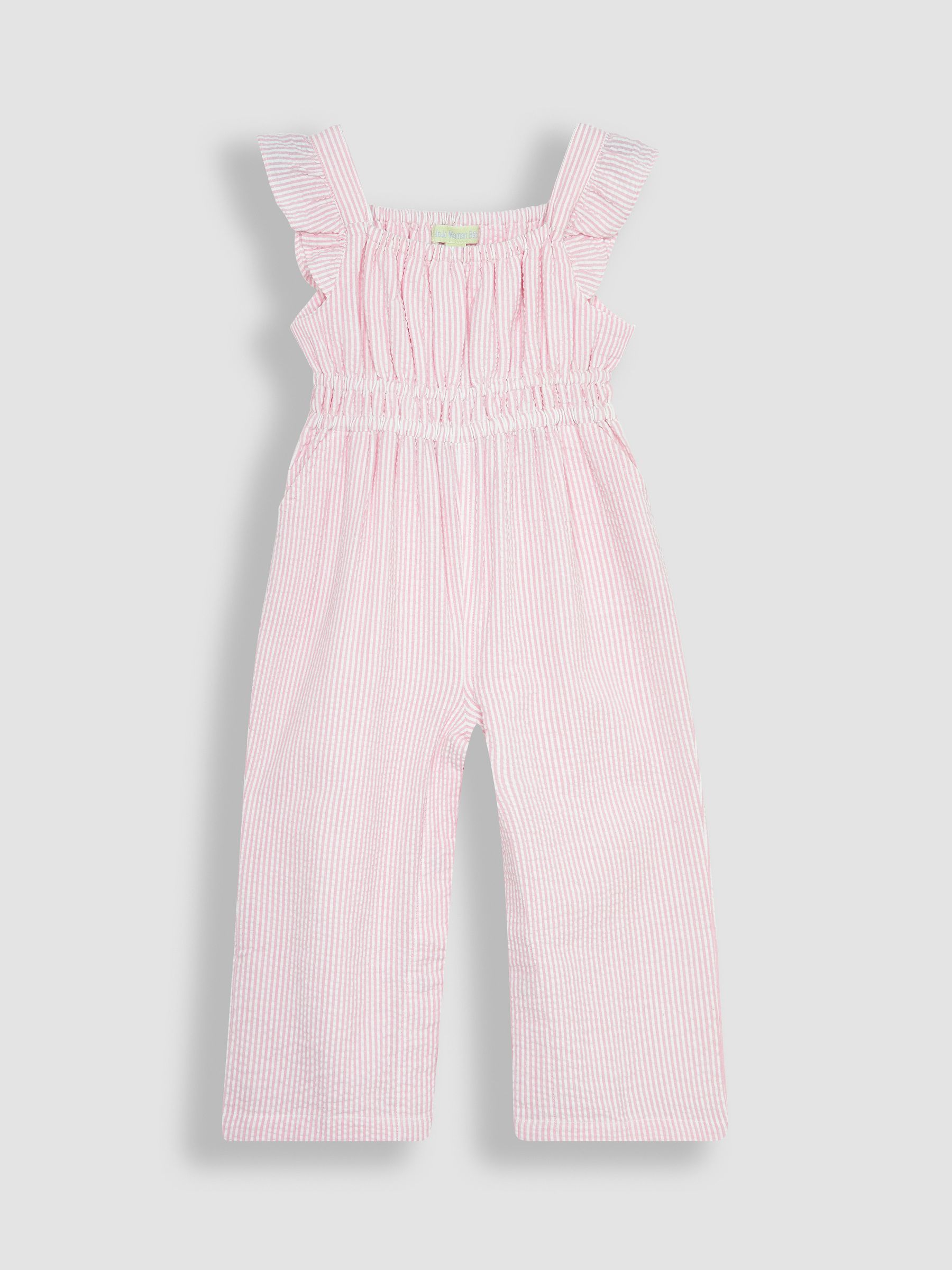 Pink Seersucker Stripe Frill Shoulder Jumpsuit - Image 1 of 3