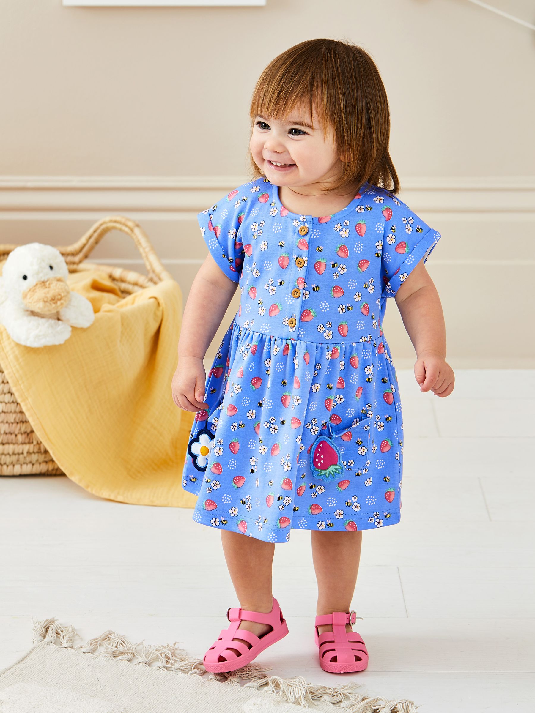 Blue Strawberry & Bee Button Front Pet In Pocket Jersey Dress - Image 1 of 7