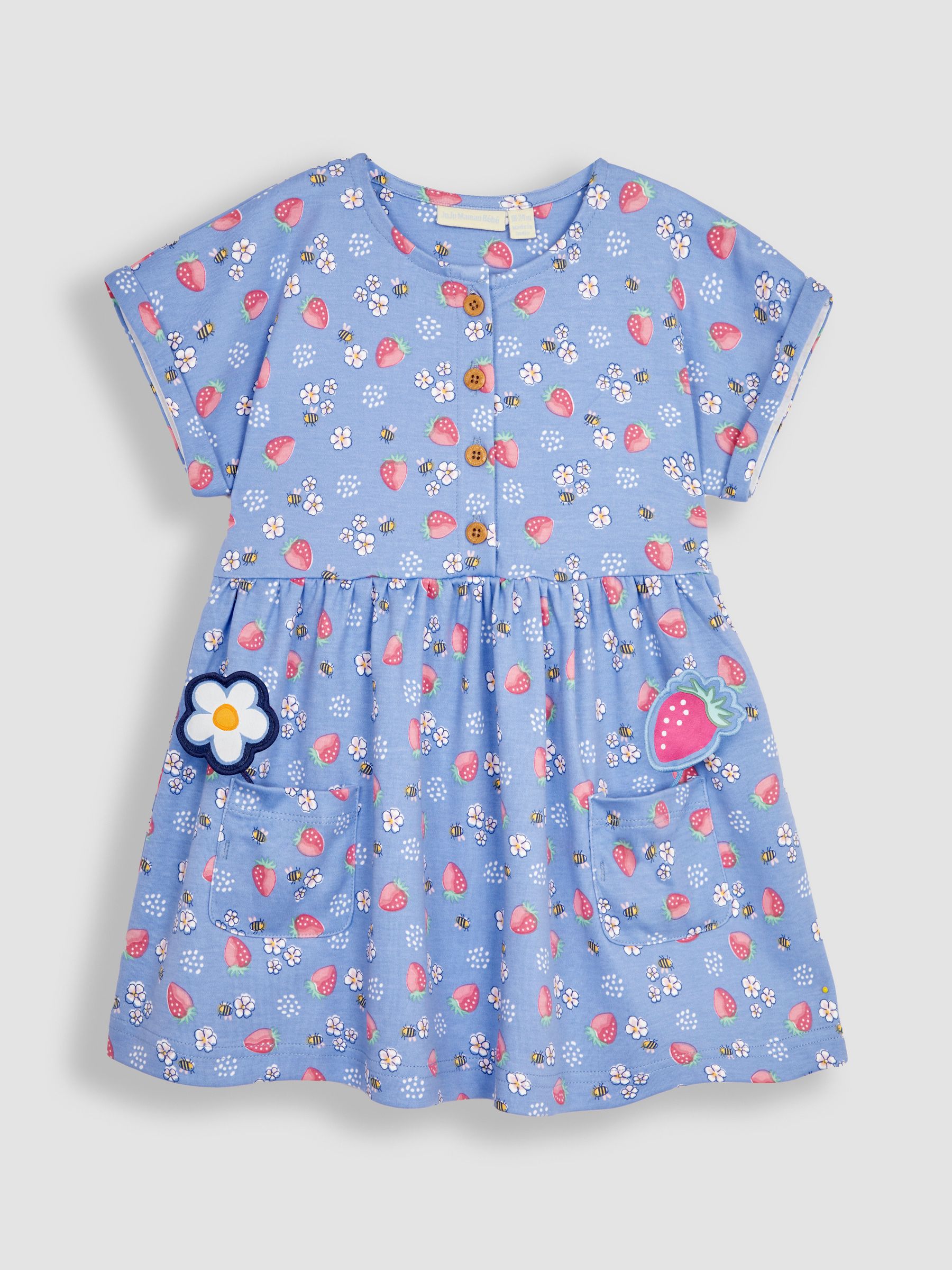 Blue Strawberry & Bee Button Front Pet In Pocket Jersey Dress - Image 2 of 7