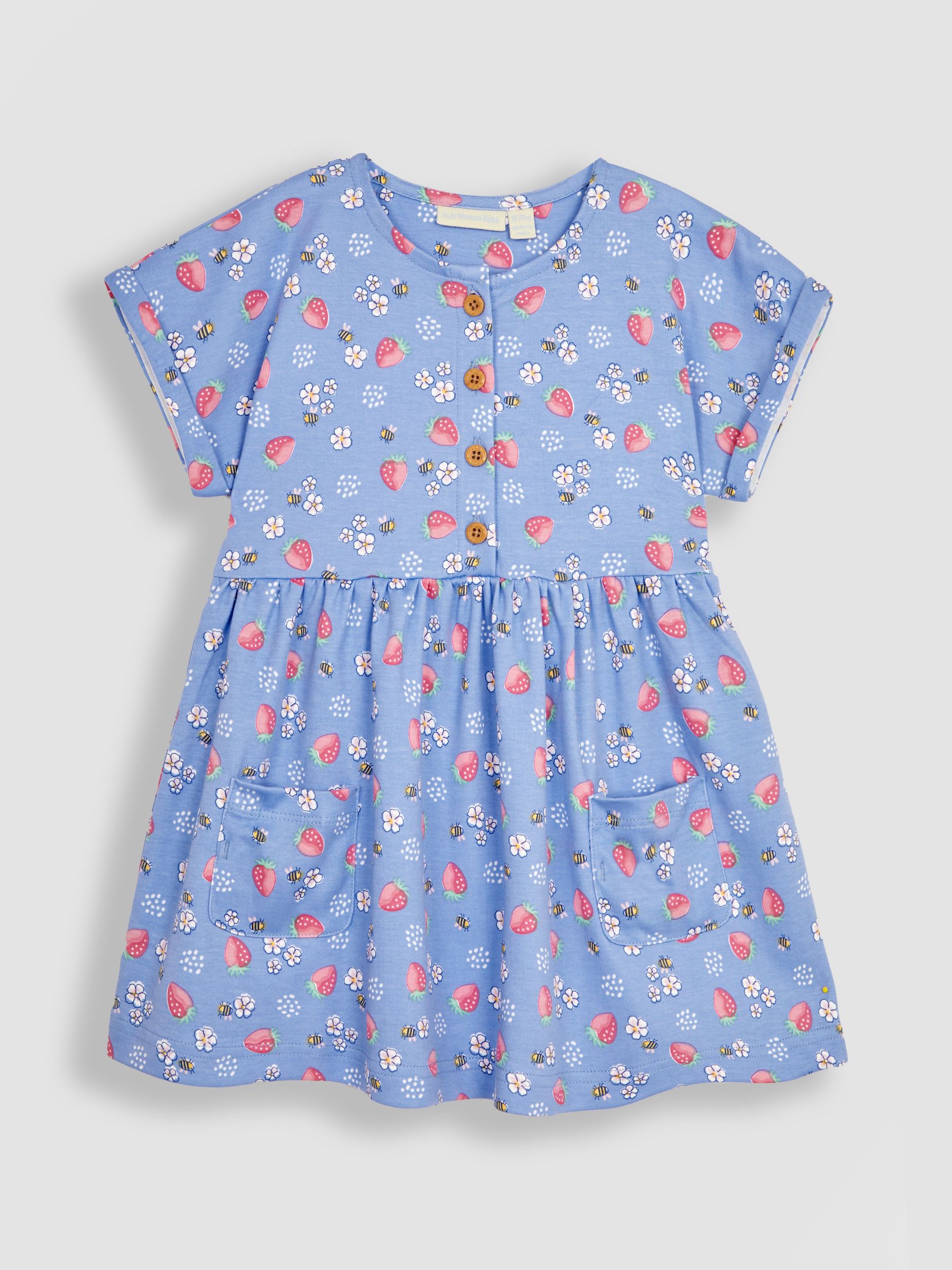 Blue Strawberry & Bee Button Front Pet In Pocket Jersey Dress - Image 3 of 7