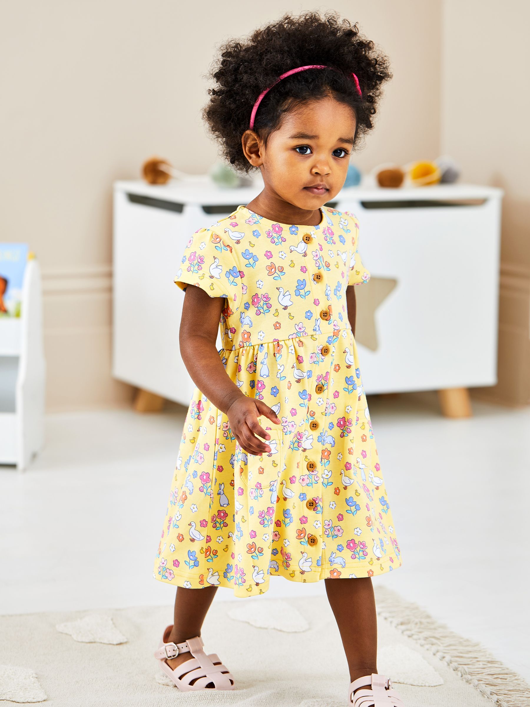 Yellow Bunny & Duck Button Through Pet In Pocket Jersey Dress - Image 1 of 3
