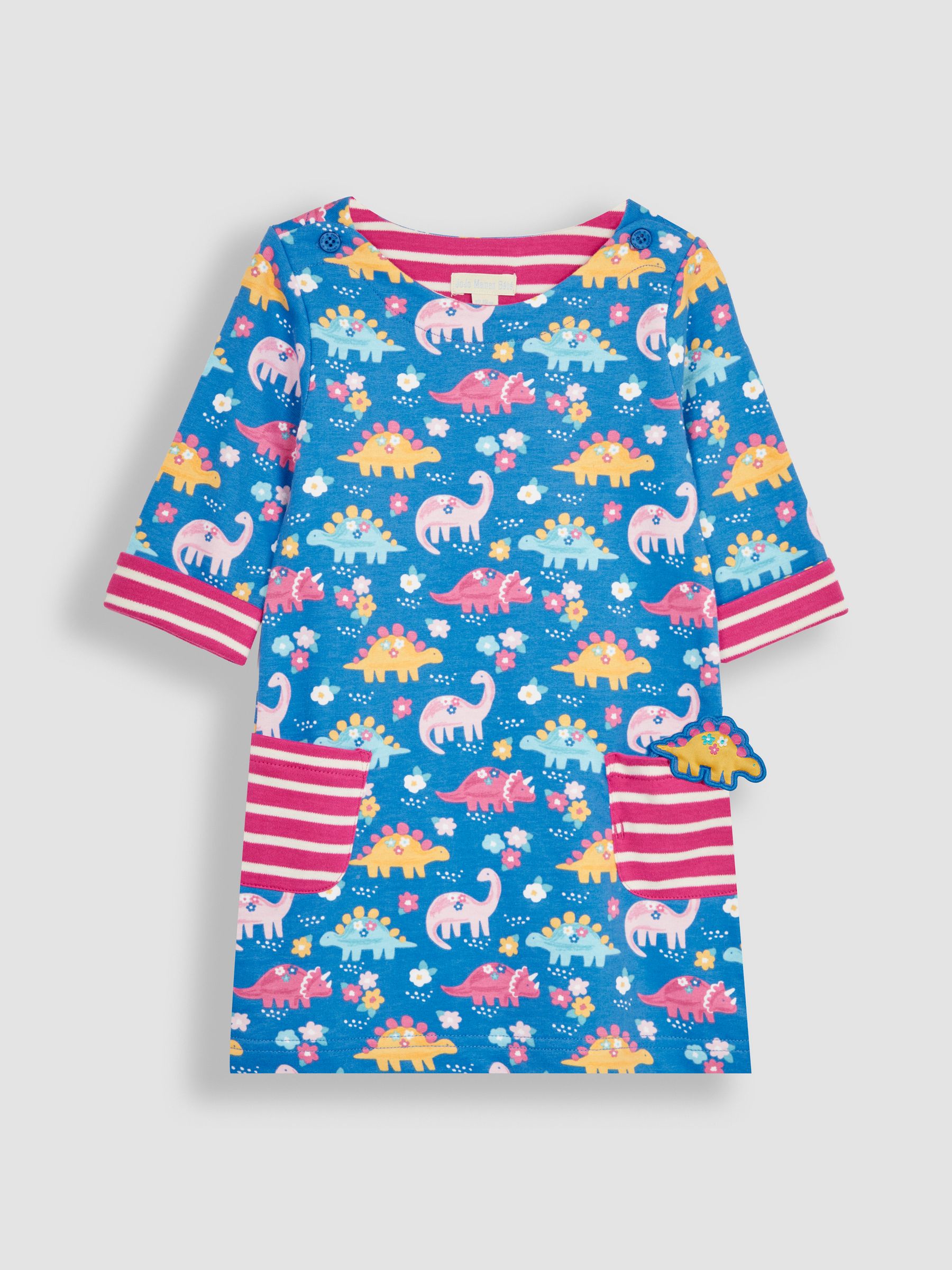 Cobalt Blue Floral Dinosaur A-Line Jersey Dress With Pet In Pocket - Image 1 of 4