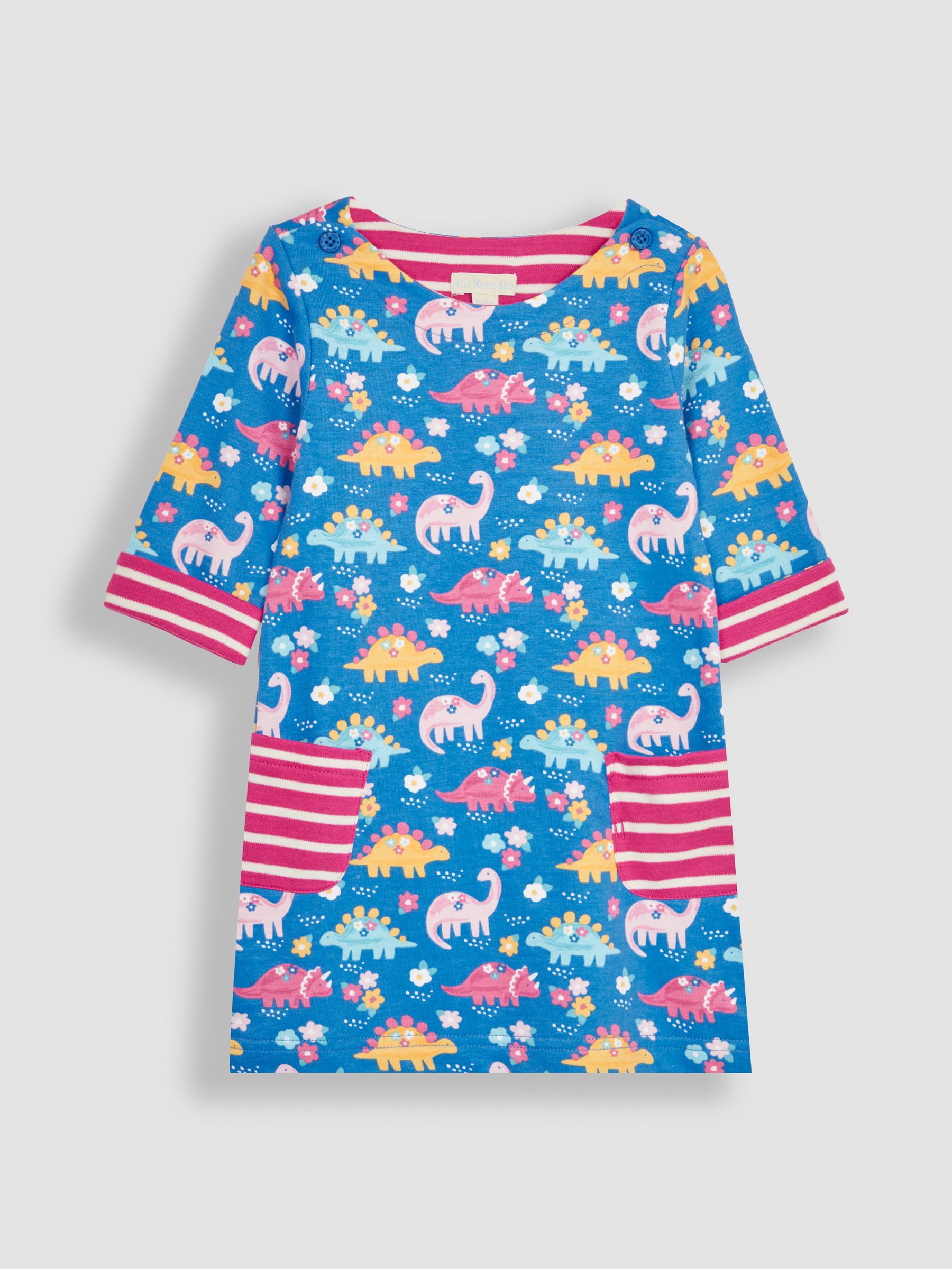 Cobalt Blue Floral Dinosaur A-Line Jersey Dress With Pet In Pocket - Image 2 of 4