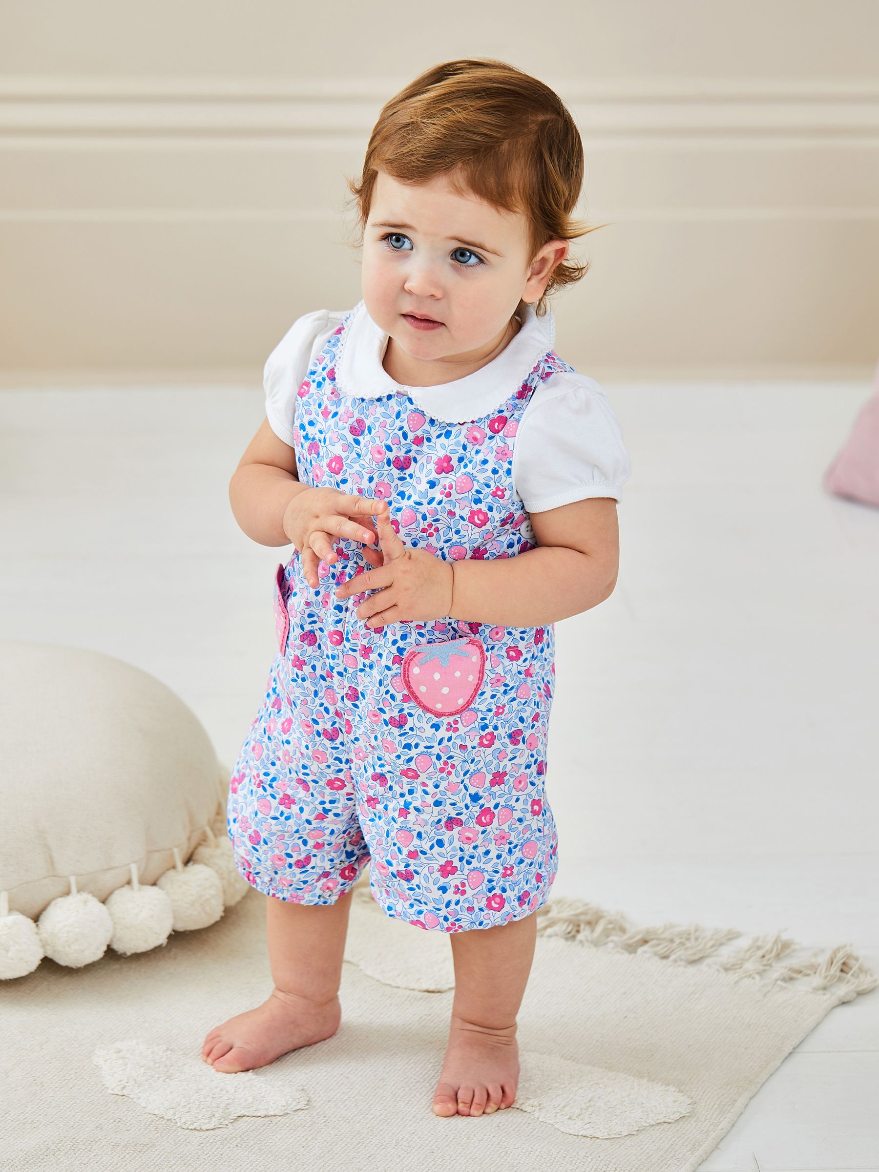Pink Strawberry Appliqué Pocket Ditsy Floral Dungarees | JoJo 