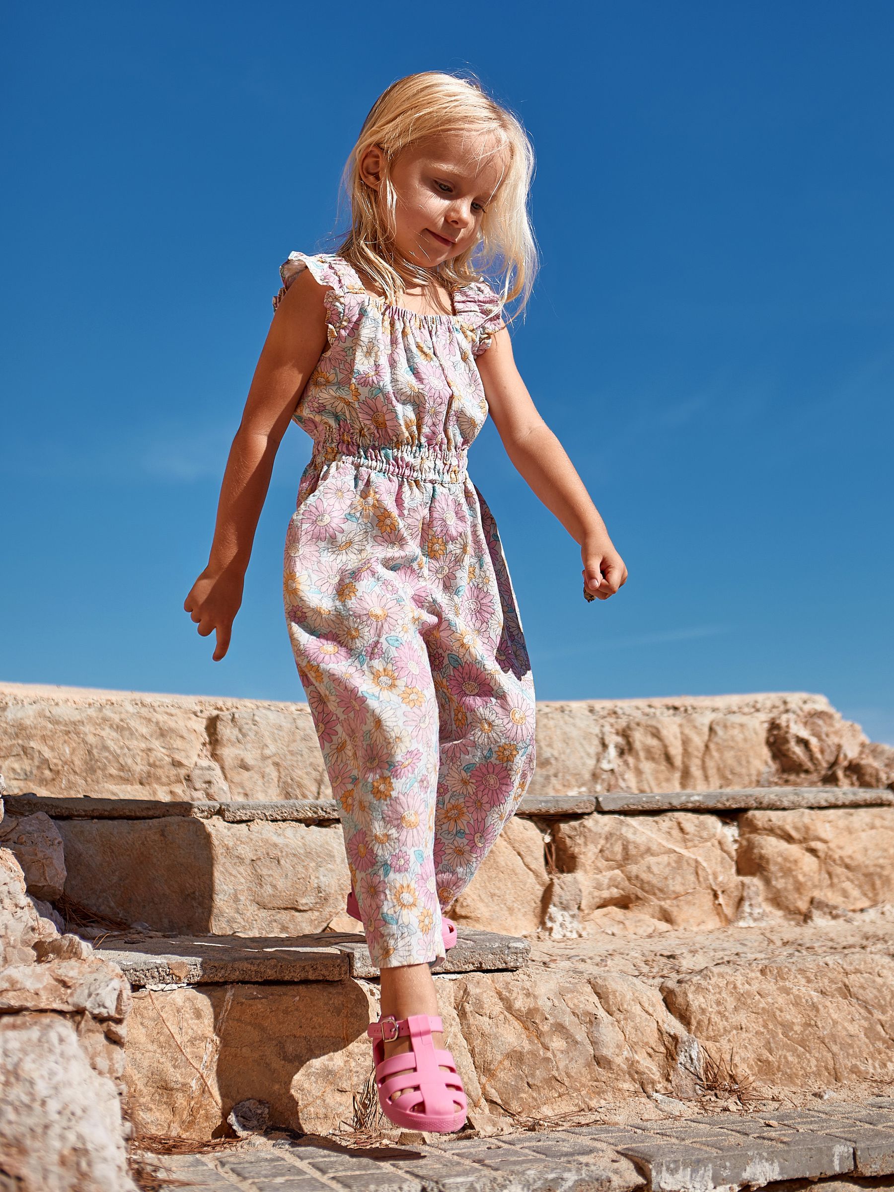 Pink Sunflower Cotton Linen Frill Shoulder Jumpsuit - Image 1 of 5