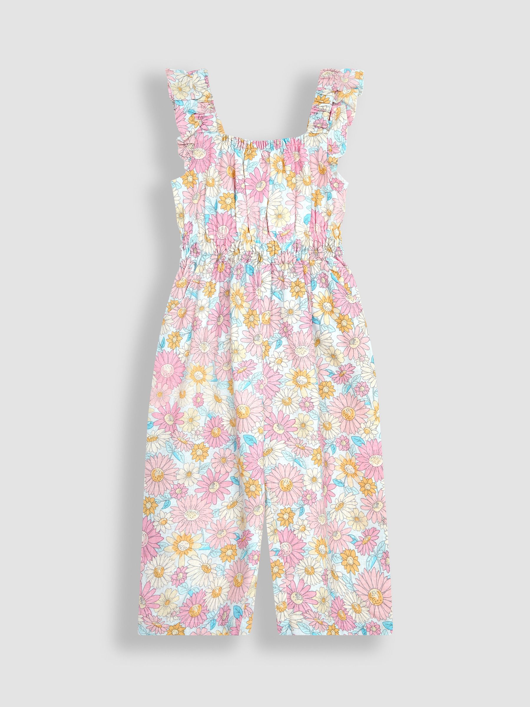 Pink Sunflower Cotton Linen Frill Shoulder Jumpsuit - Image 3 of 5