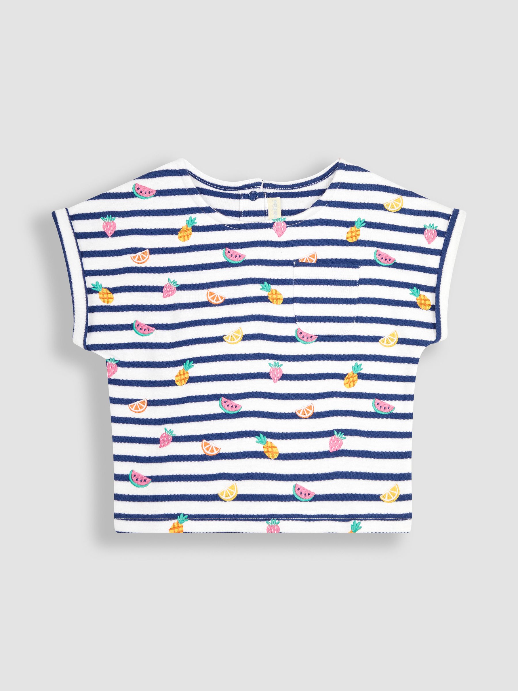 White Navy Stripe Summer Fruits Embroidered T-Shirt - Image 1 of 3