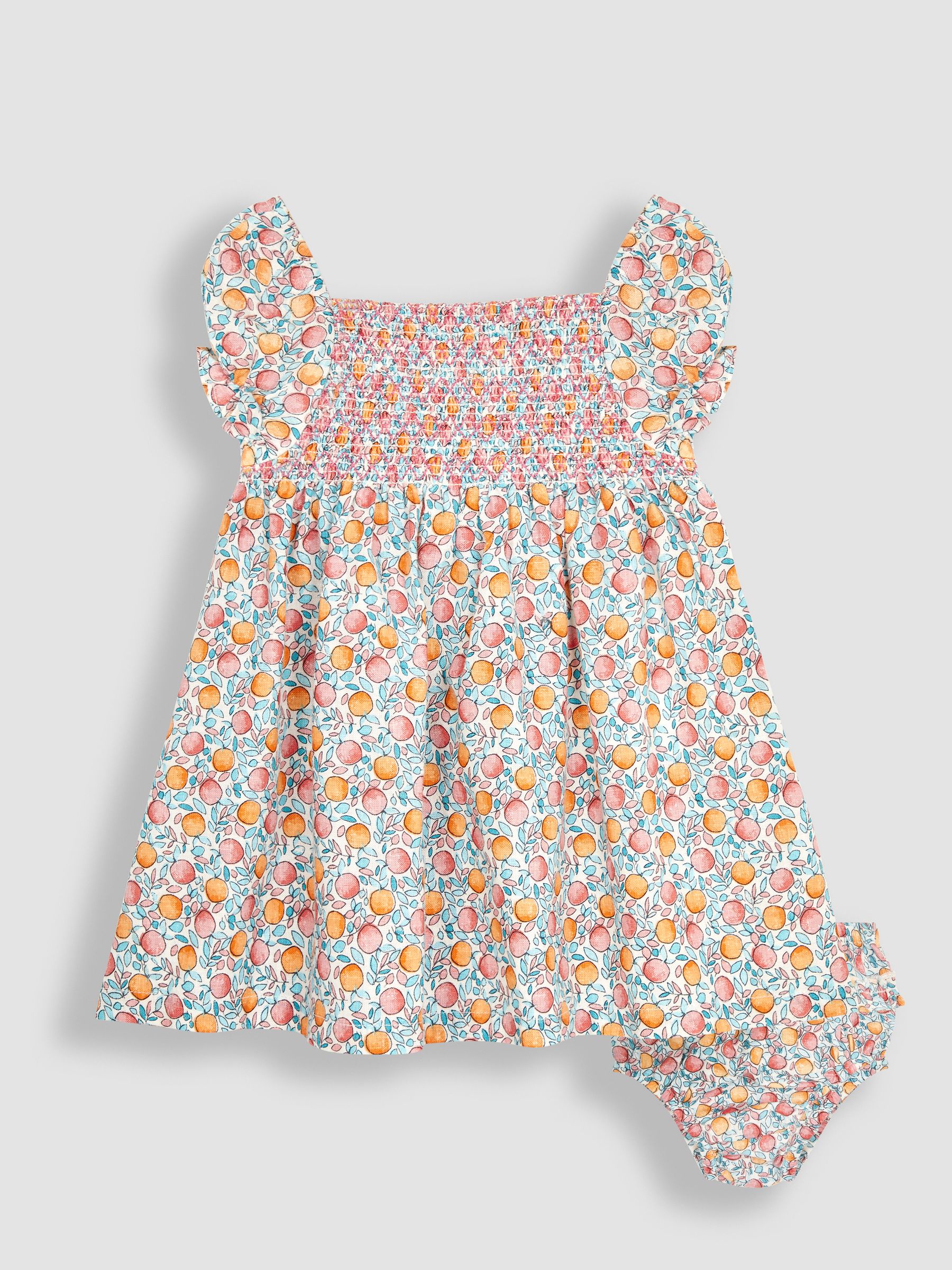 Cream Apple & Peach Cotton Linen Smocked Baby Dress With Knickers - Image 1 of 4