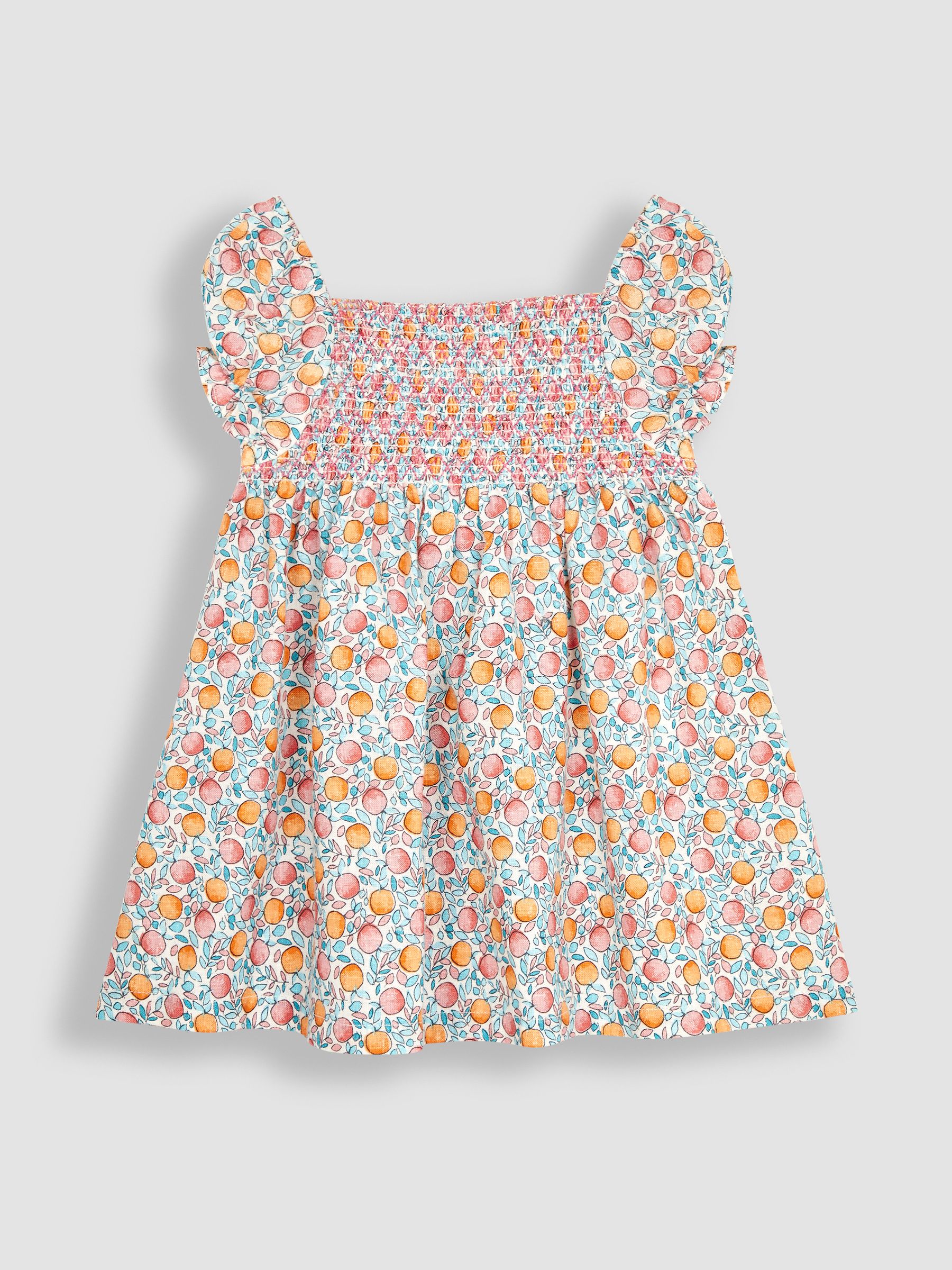 Cream Apple & Peach Cotton Linen Smocked Baby Dress With Knickers - Image 2 of 4
