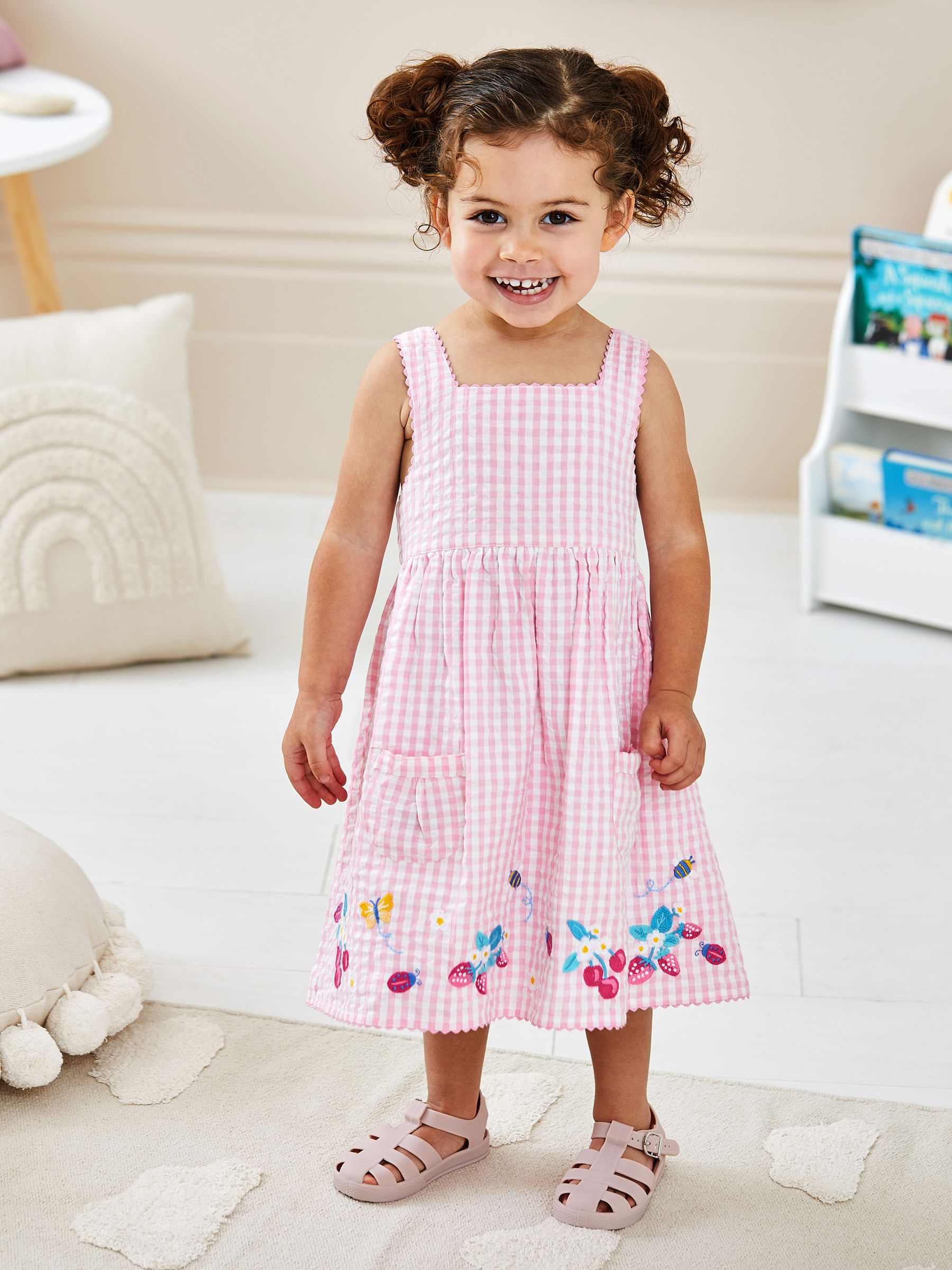 Pink Strawberry Embroidered Pet In Pocket Gingham Dress - Image 1 of 7