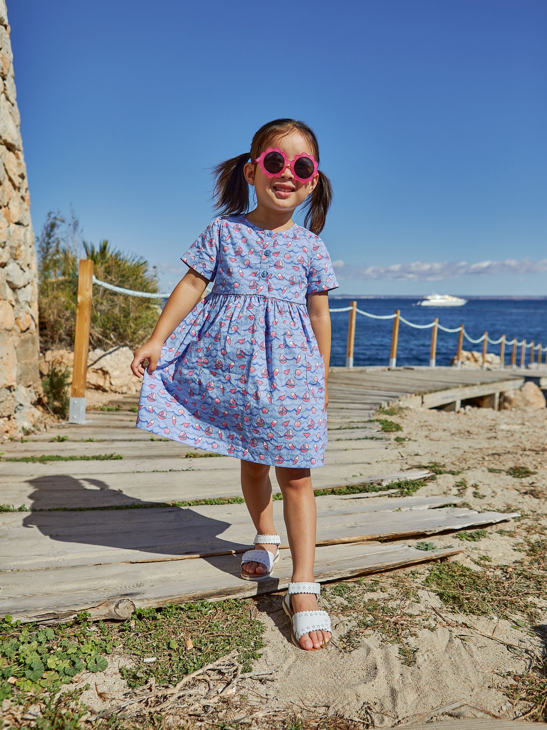 Blue Nautical Wave Button Front Summer Dress - Image 1 of 4