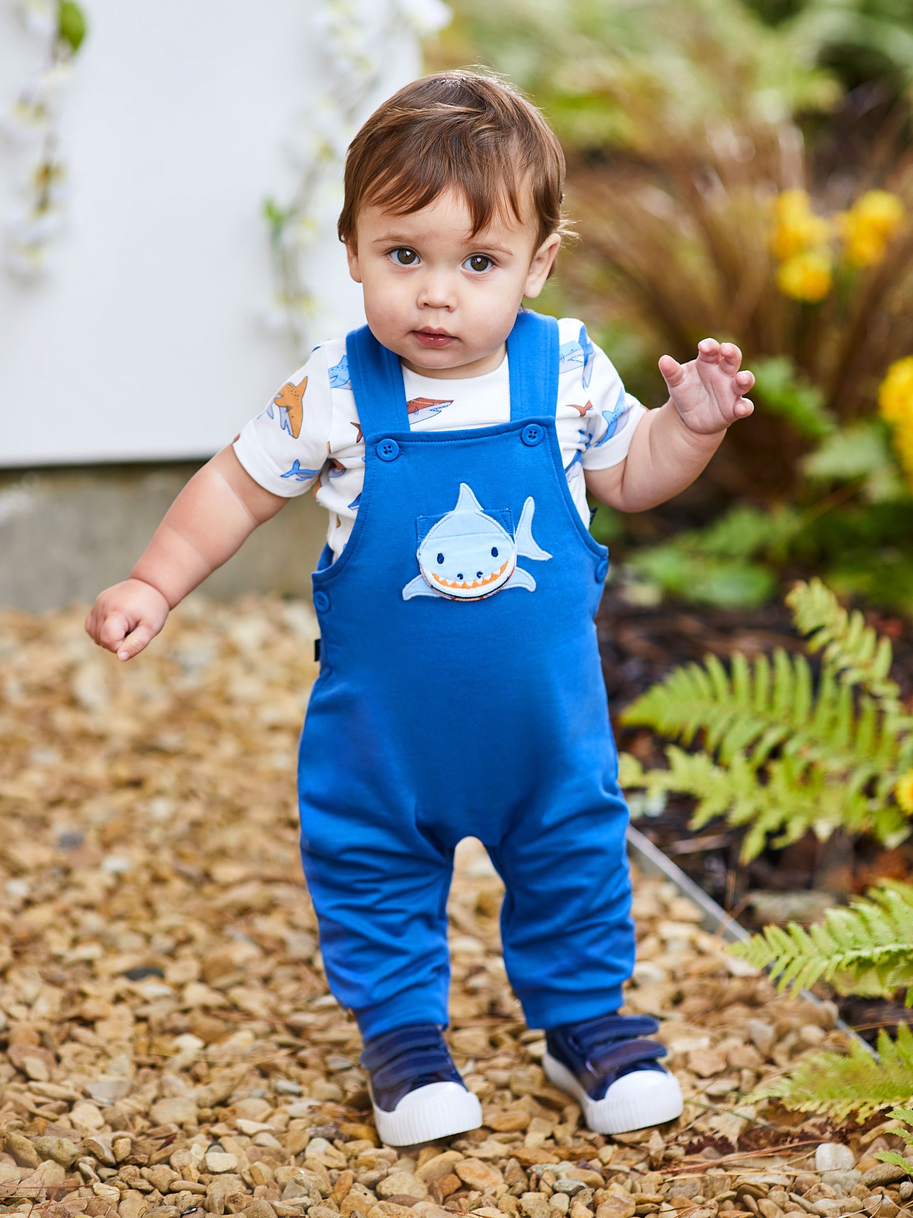 Navy Blue Shark Appliqué Trouser Dungarees & T-Shirt Set - Image 1 of 7