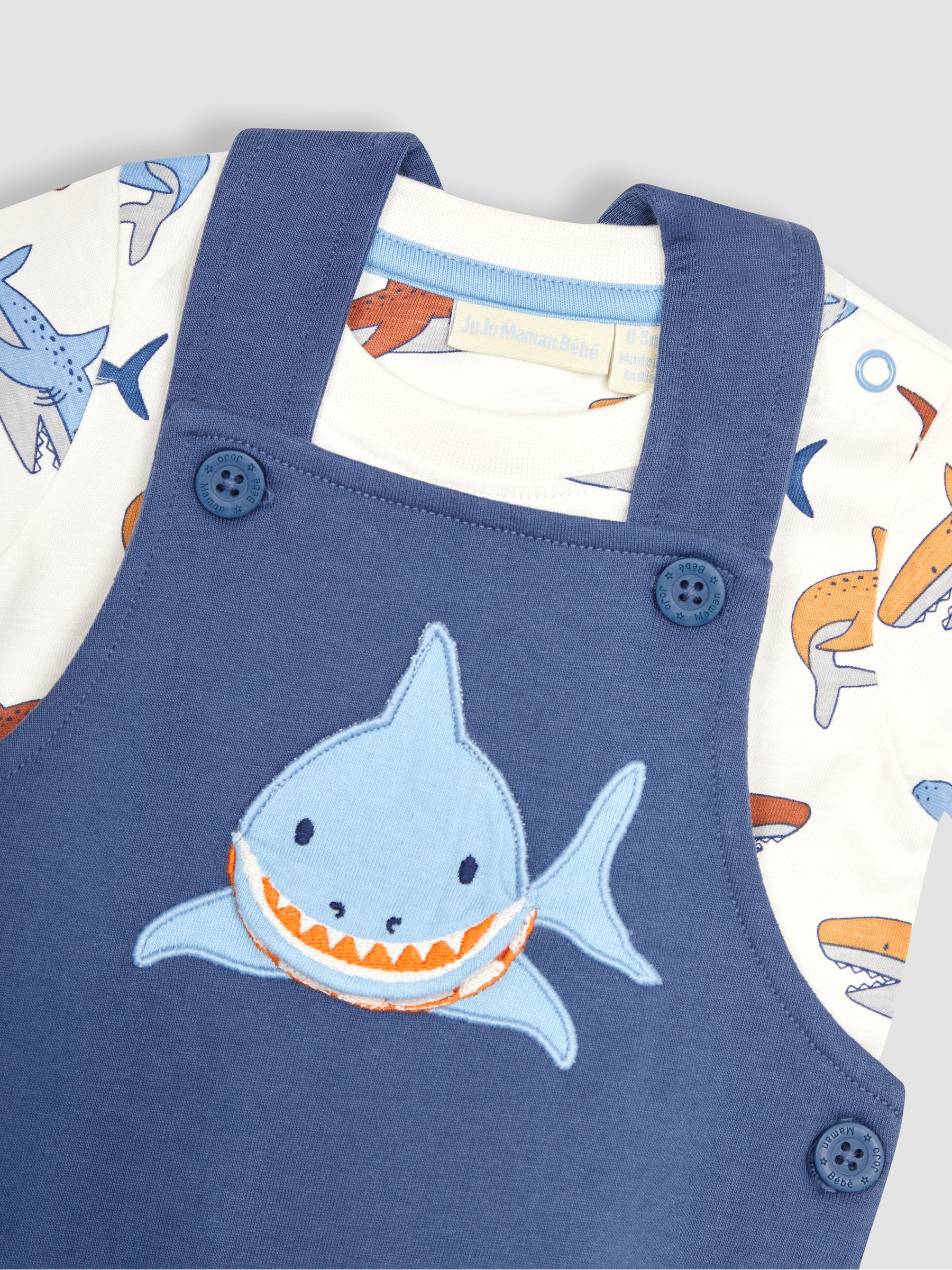 Navy Blue Shark Appliqué Trouser Dungarees & T-Shirt Set - Image 6 of 7