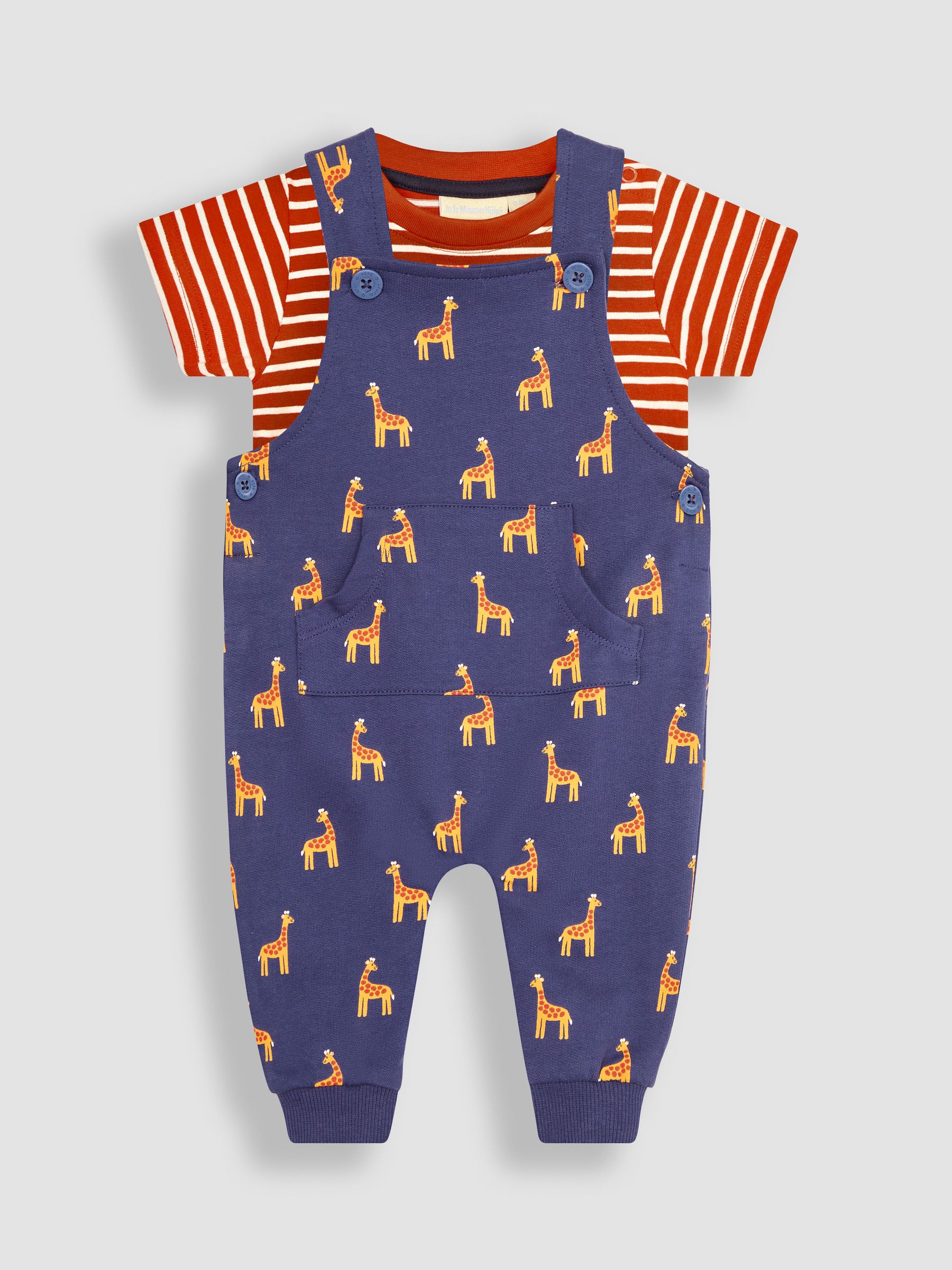 Navy 2-Piece Giraffe Dungarees & Stripe T-Shirt Set - Image 1 of 5