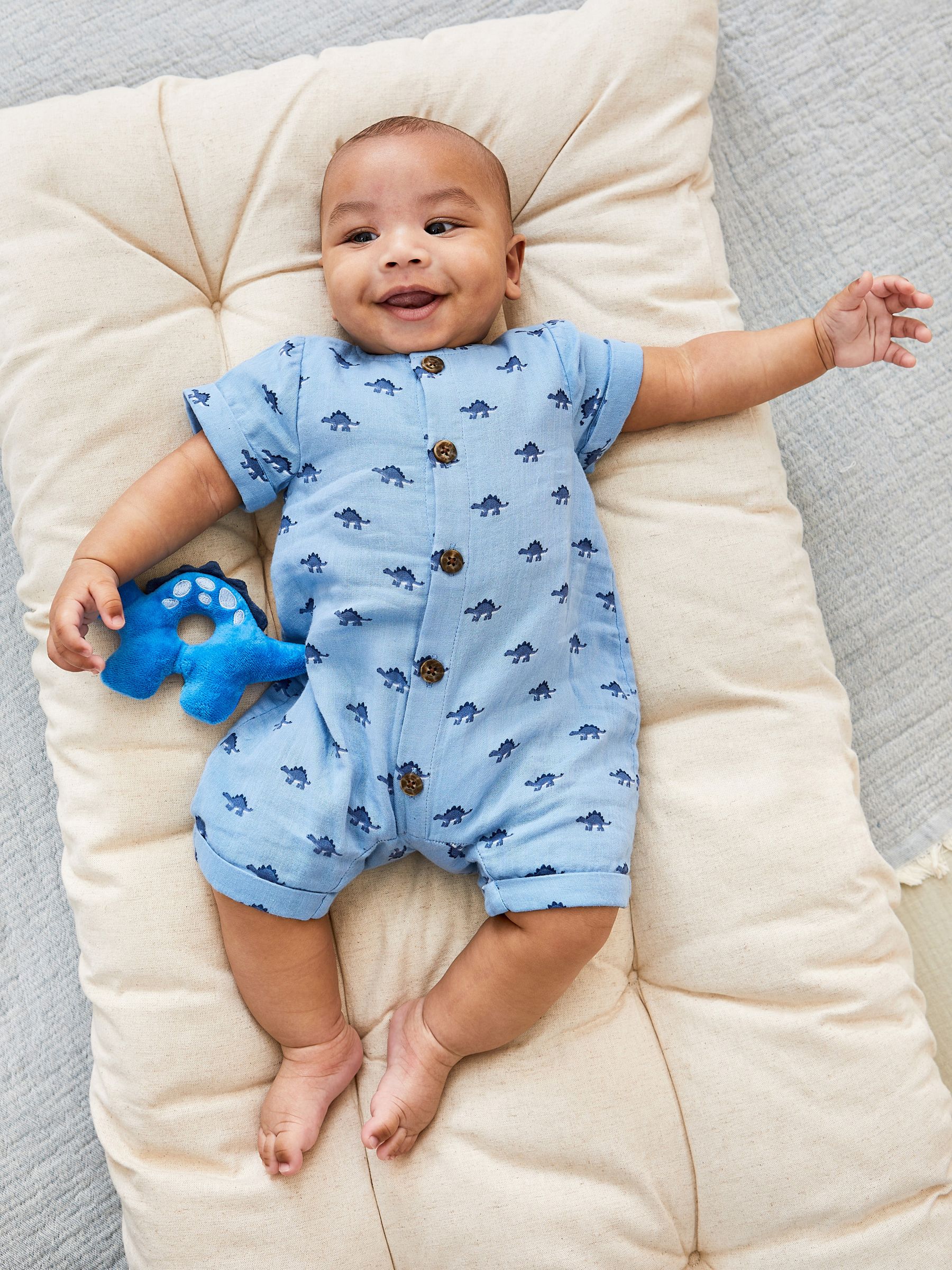Dinosaur Cheesecloth Button Front Romper in Denim - Image 1 of 5