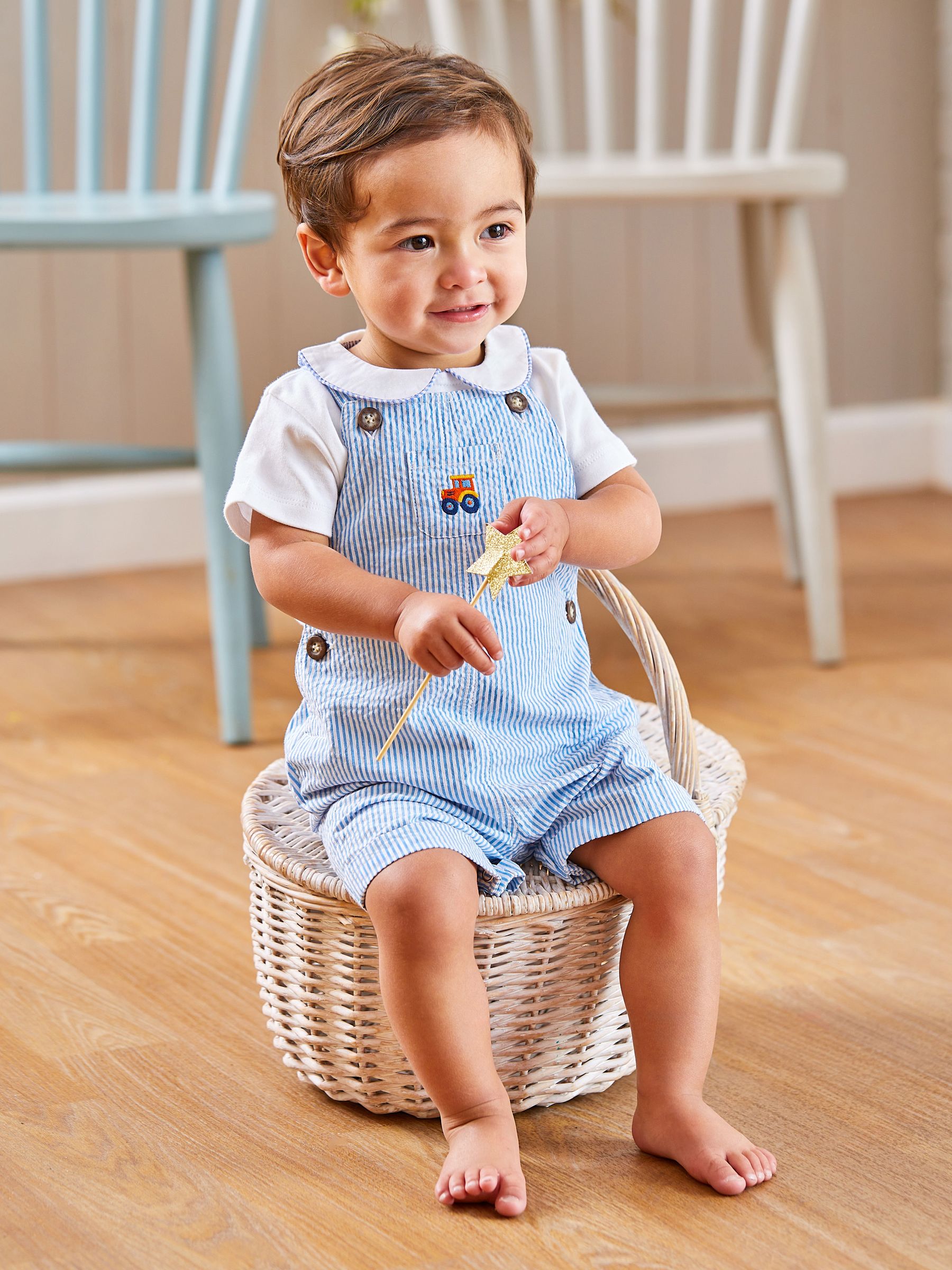 Blue Tractor Pocket Seersucker Stripe Dungarees - Image 4 of 5