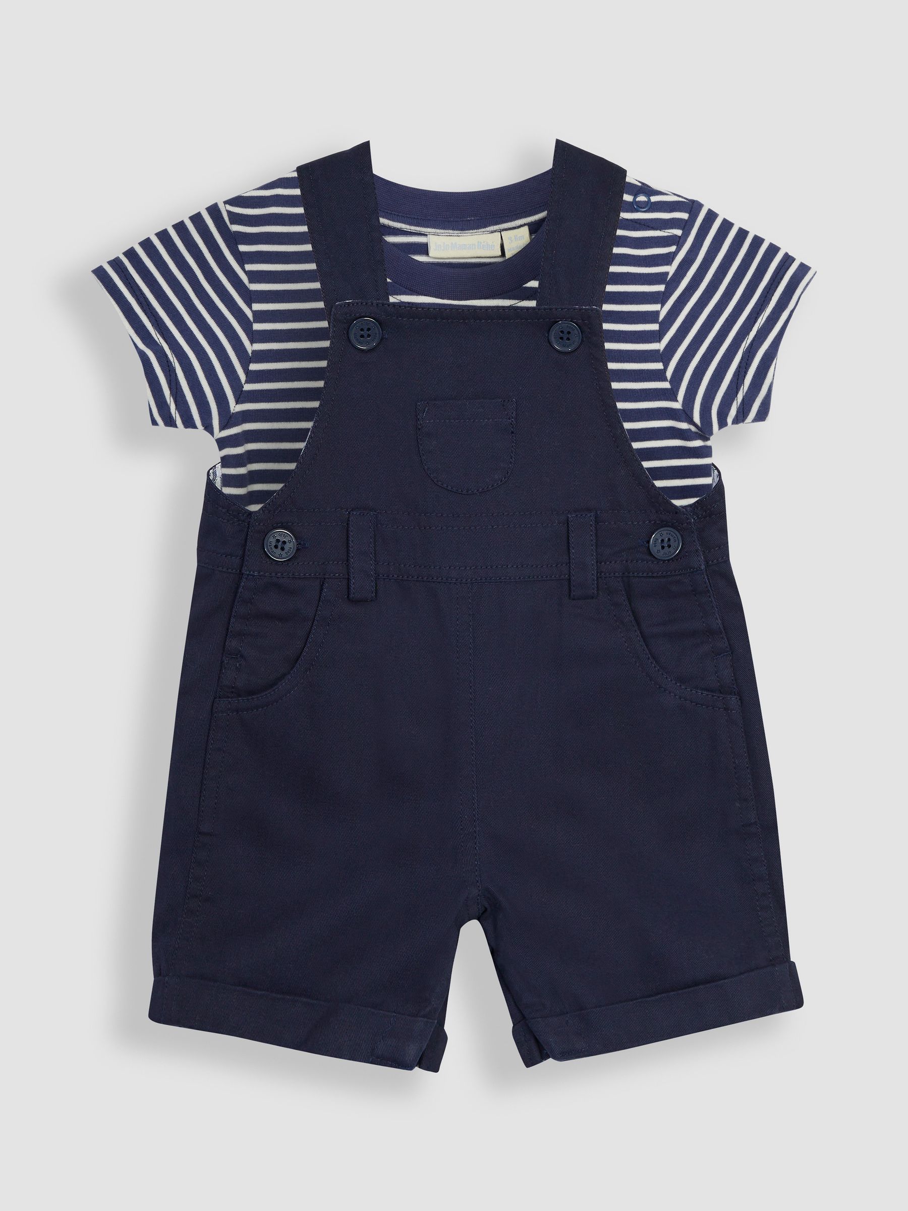 Navy 2-Piece Twill Dungarees & Stripe T-Shirt Set - Image 1 of 5