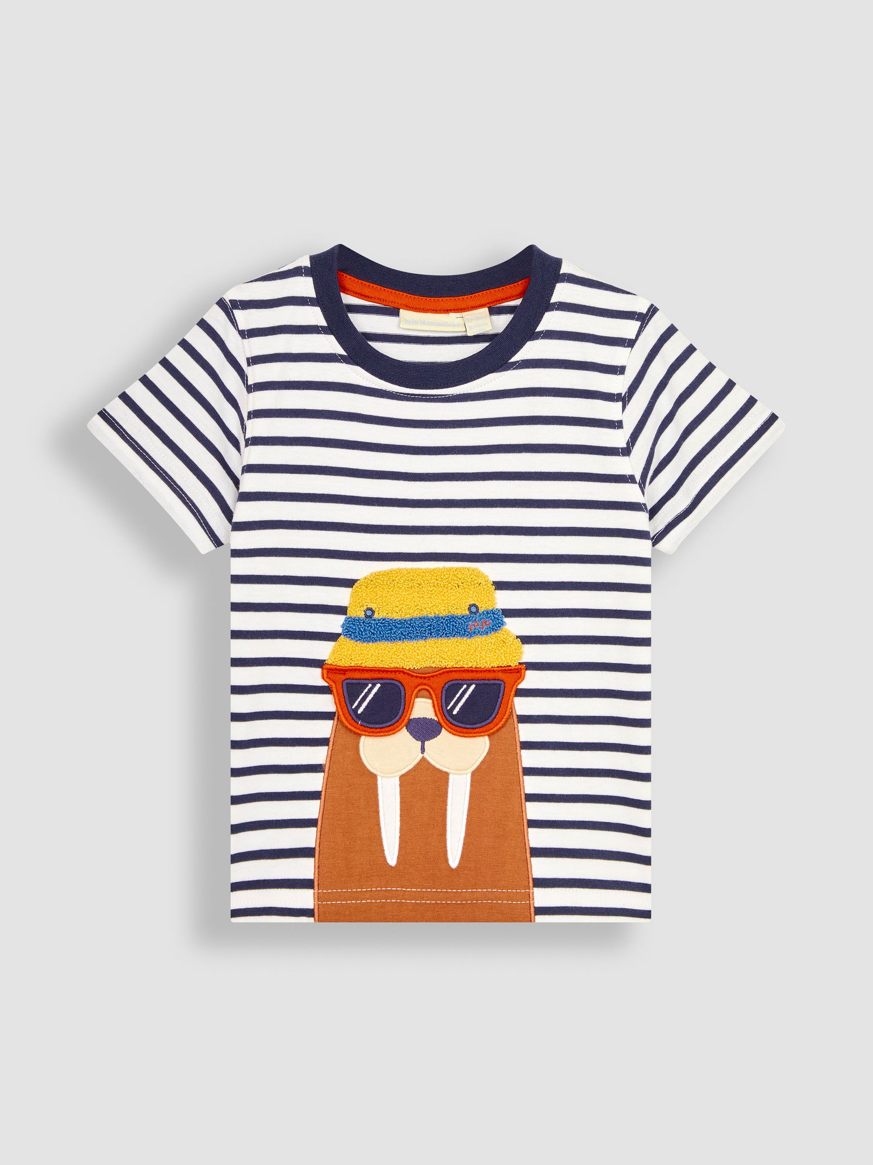 White Navy Stripe Walrus Interactive Appliqué T-Shirt - Image 1 of 3