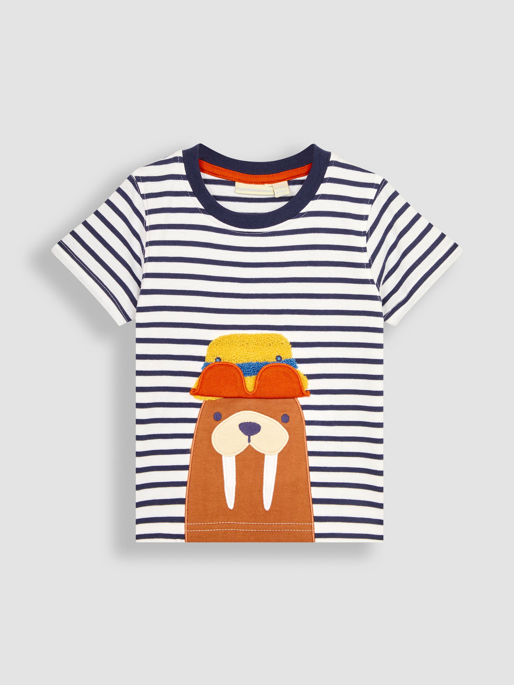 White Navy Stripe Walrus Interactive Appliqué T-Shirt - Image 2 of 3