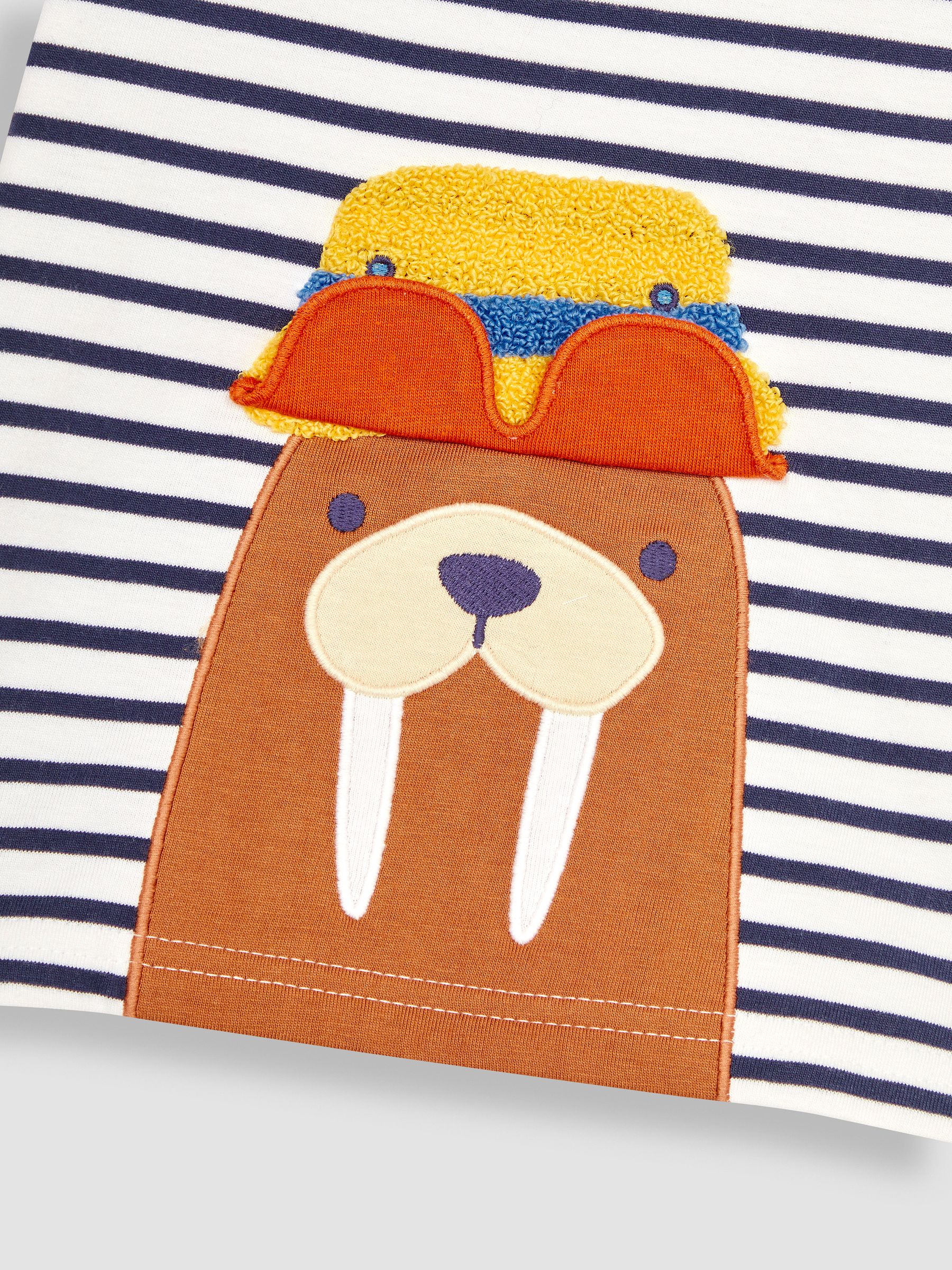 White Navy Stripe Walrus Interactive Appliqué T-Shirt - Image 3 of 3
