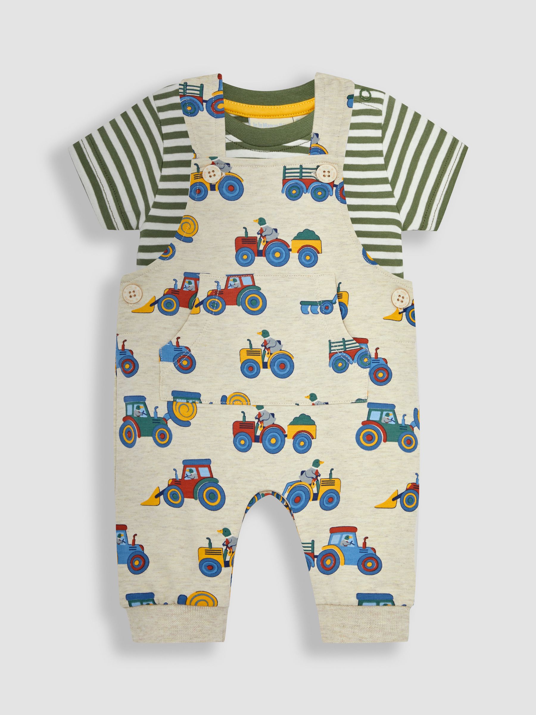 Natural 2-Piece Farm Vehicles Dungarees & T-Shirt Set - Image 2 of 6