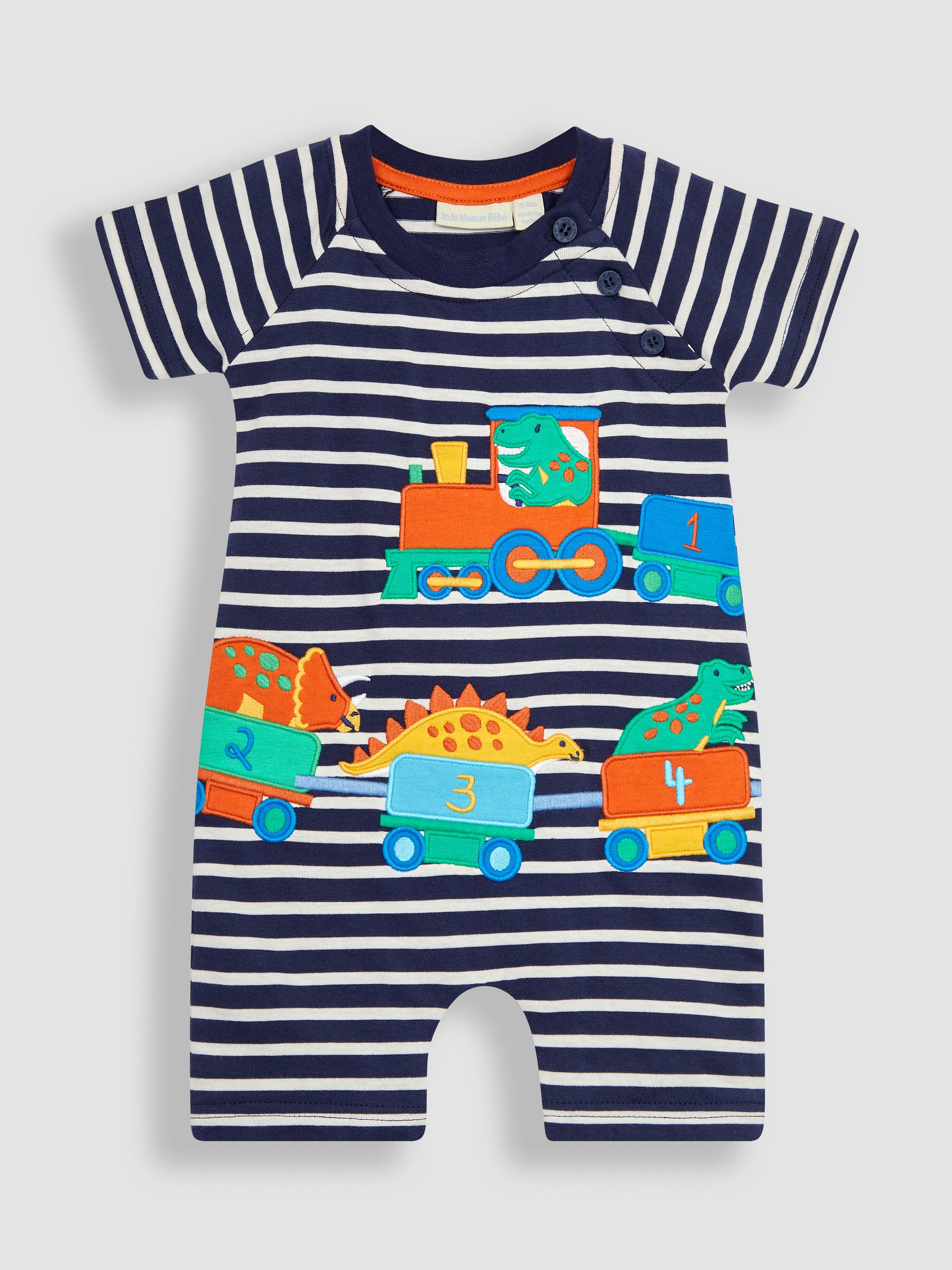Navy Ecru Stripe Dino Appliqué Romper - Image 1 of 3