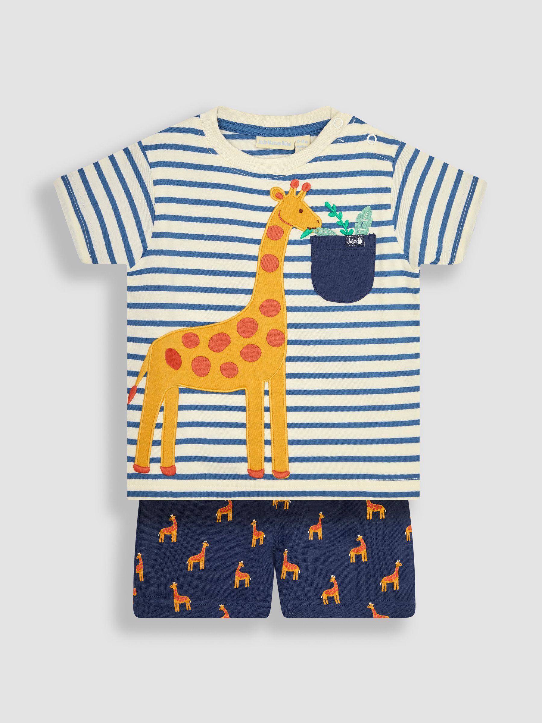 Ecru Navy Stripe Giraffe Appliqué T-Shirt and Shorts Set - Image 1 of 4