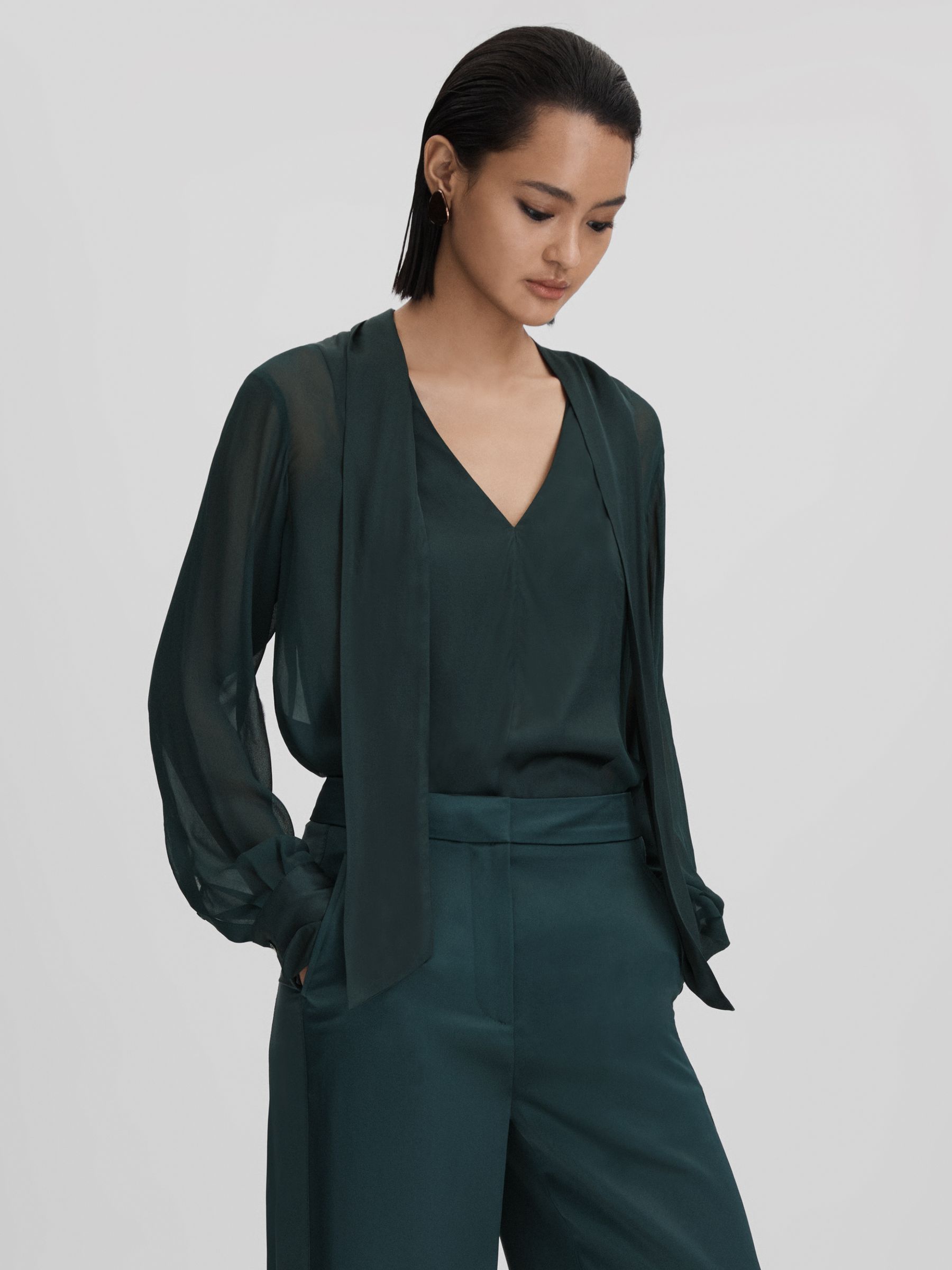 Semi Sheer Satin Tie Neck Blouse in Green - Image 1 of 7