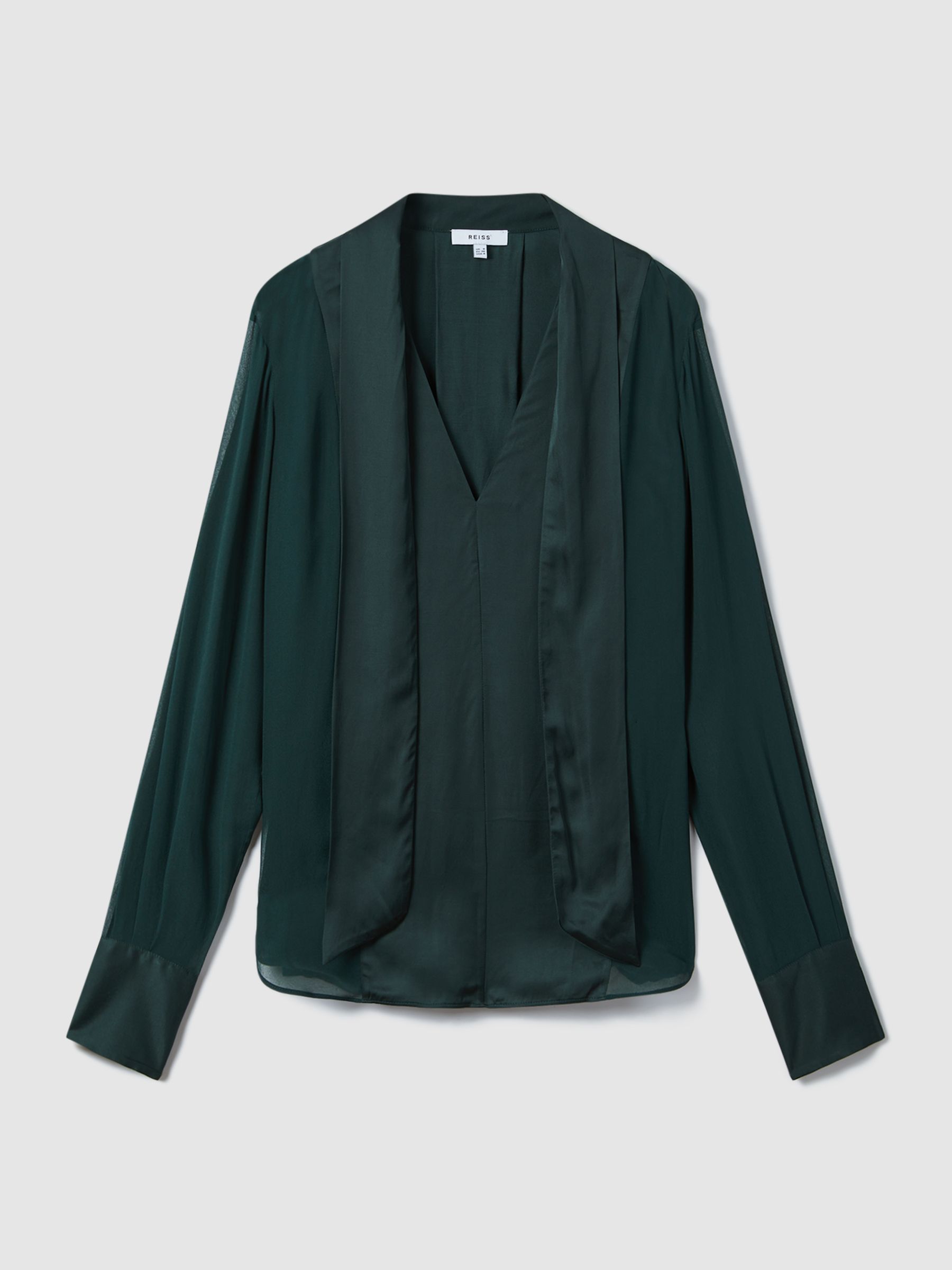 Semi Sheer Satin Tie Neck Blouse in Green - Image 2 of 7