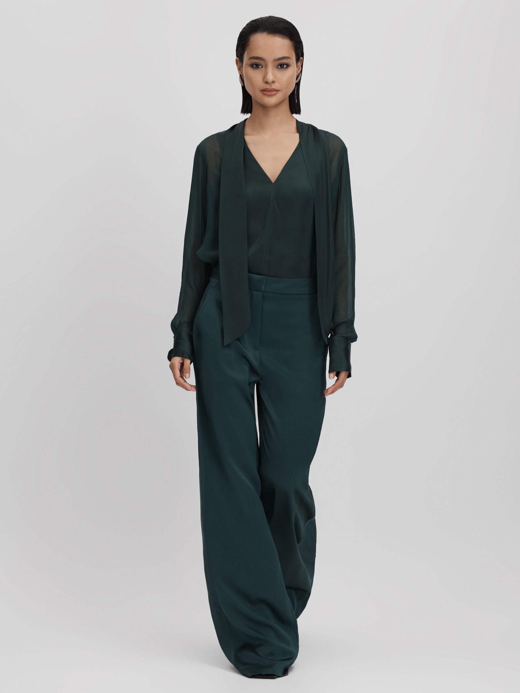 Semi Sheer Satin Tie Neck Blouse in Green - Image 3 of 7
