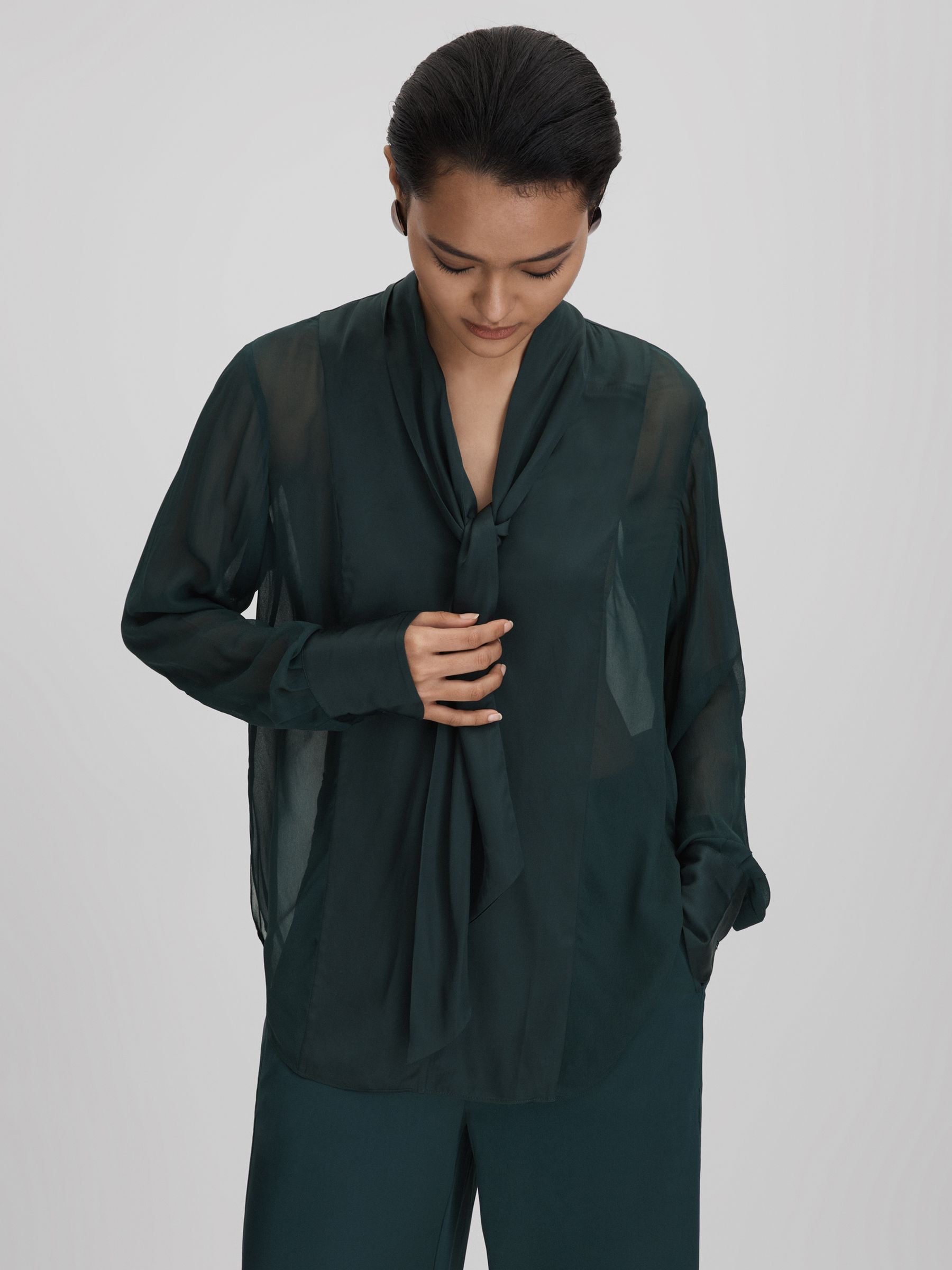 Semi Sheer Satin Tie Neck Blouse in Green - Image 4 of 7