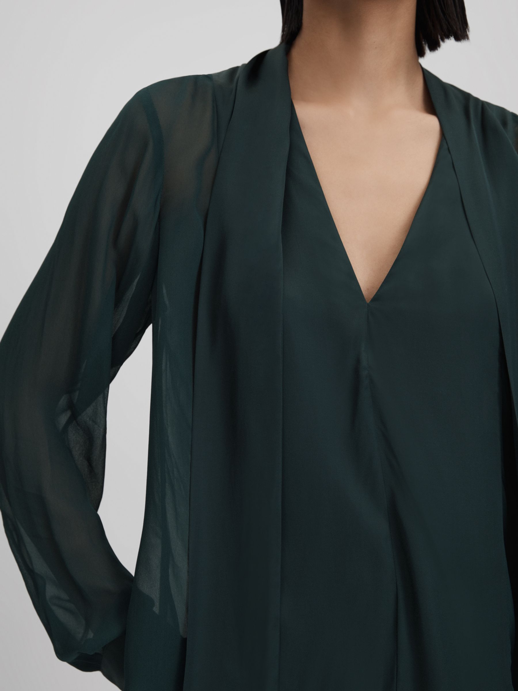 Semi Sheer Satin Tie Neck Blouse in Green - Image 5 of 7