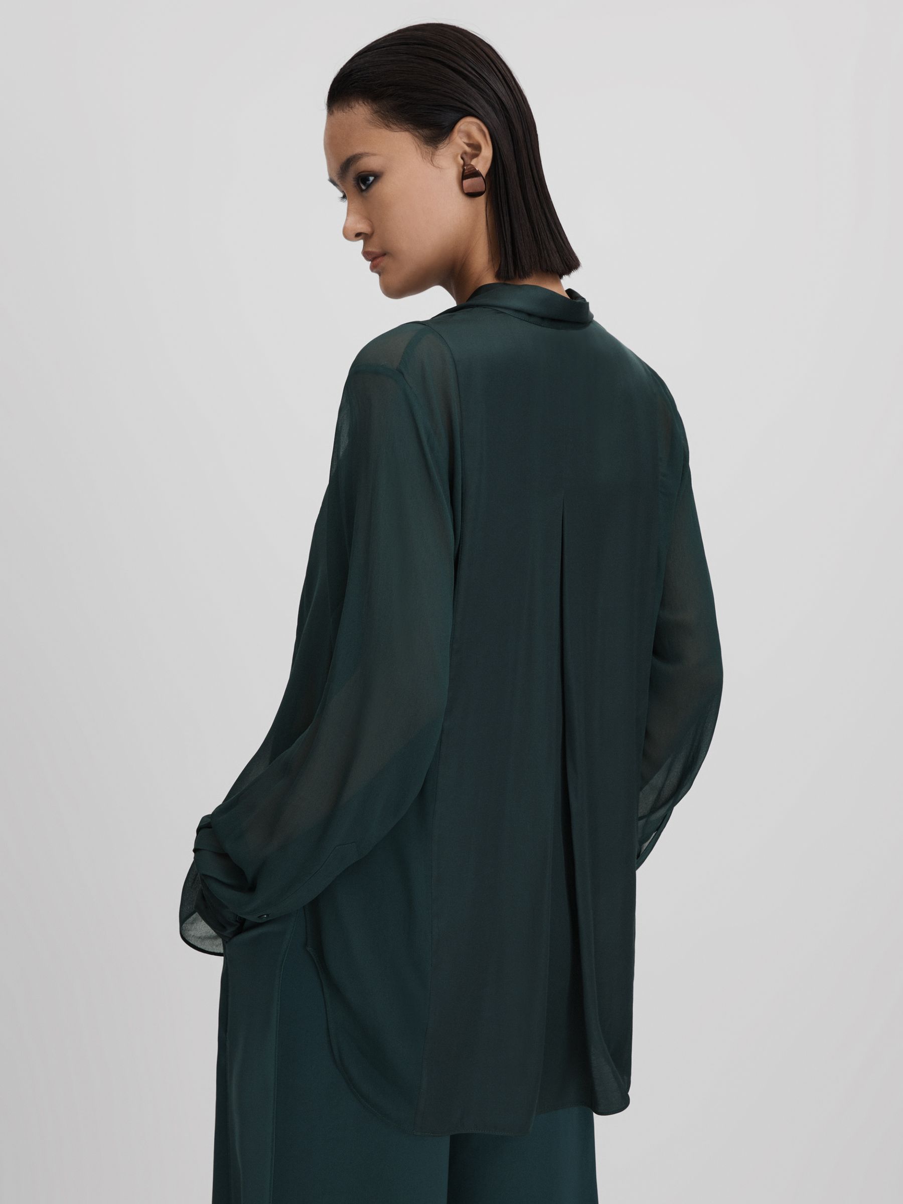 Semi Sheer Satin Tie Neck Blouse in Green - Image 6 of 7