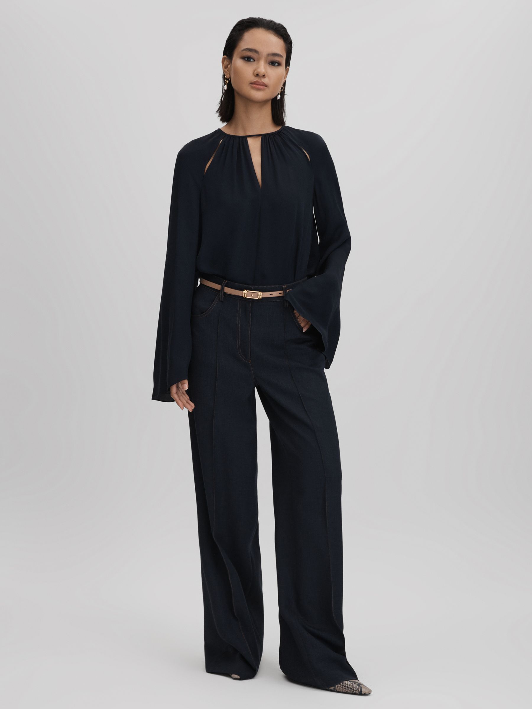 Cut-Out Flute Sleeve Blouse in Navy - Image 3 of 6