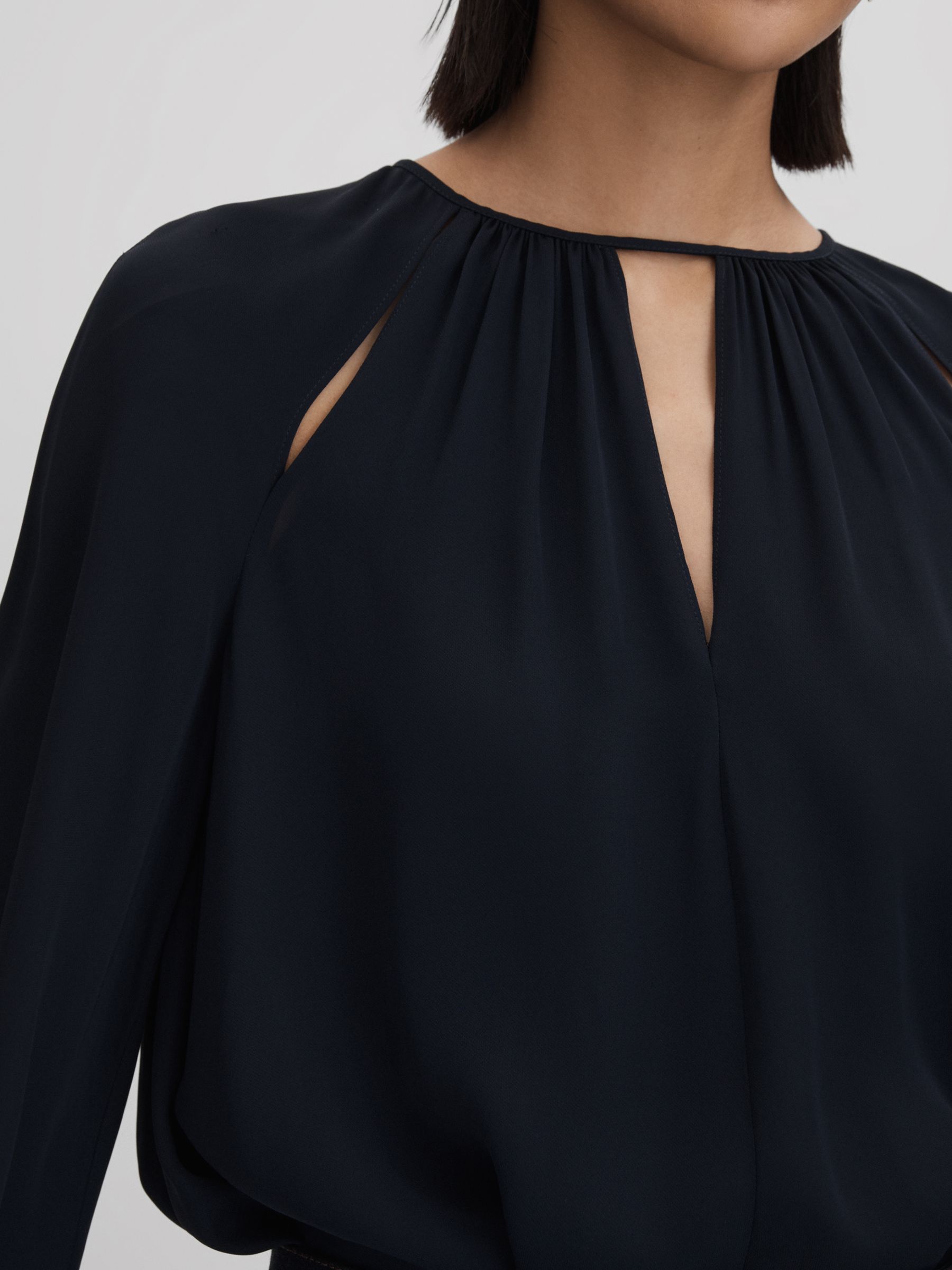 Cut-Out Flute Sleeve Blouse in Navy - Image 4 of 6
