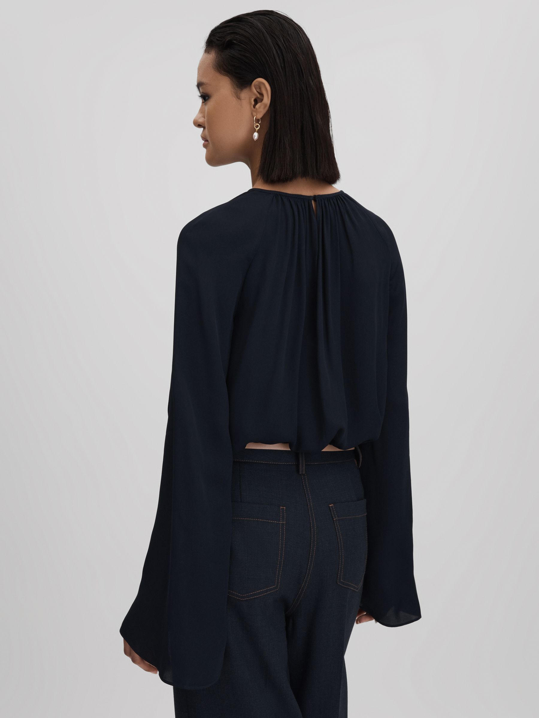 Cut-Out Flute Sleeve Blouse in Navy - Image 5 of 6