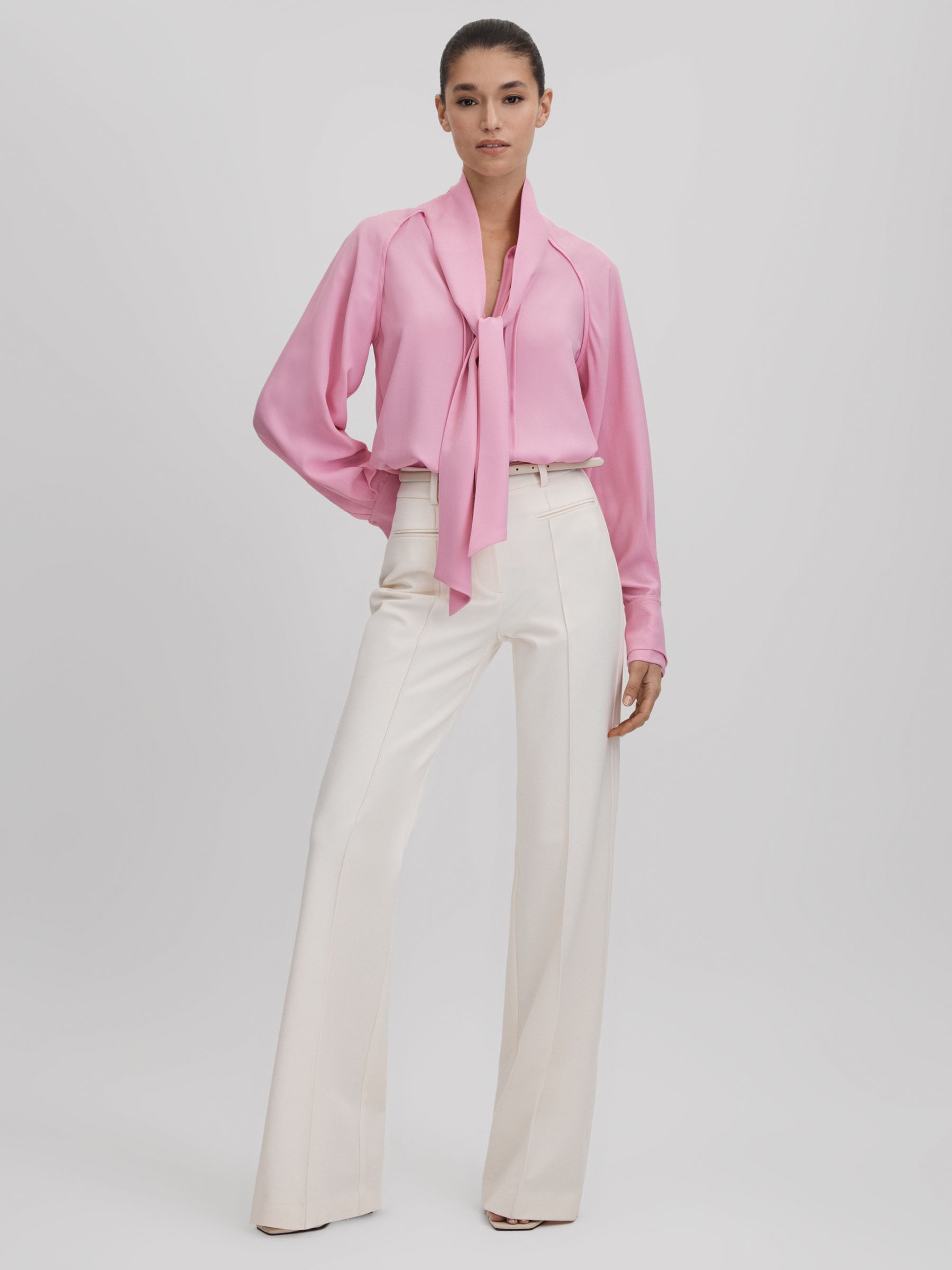 Tie Neck Zip Front Blouse in Pink - Image 1 of 6