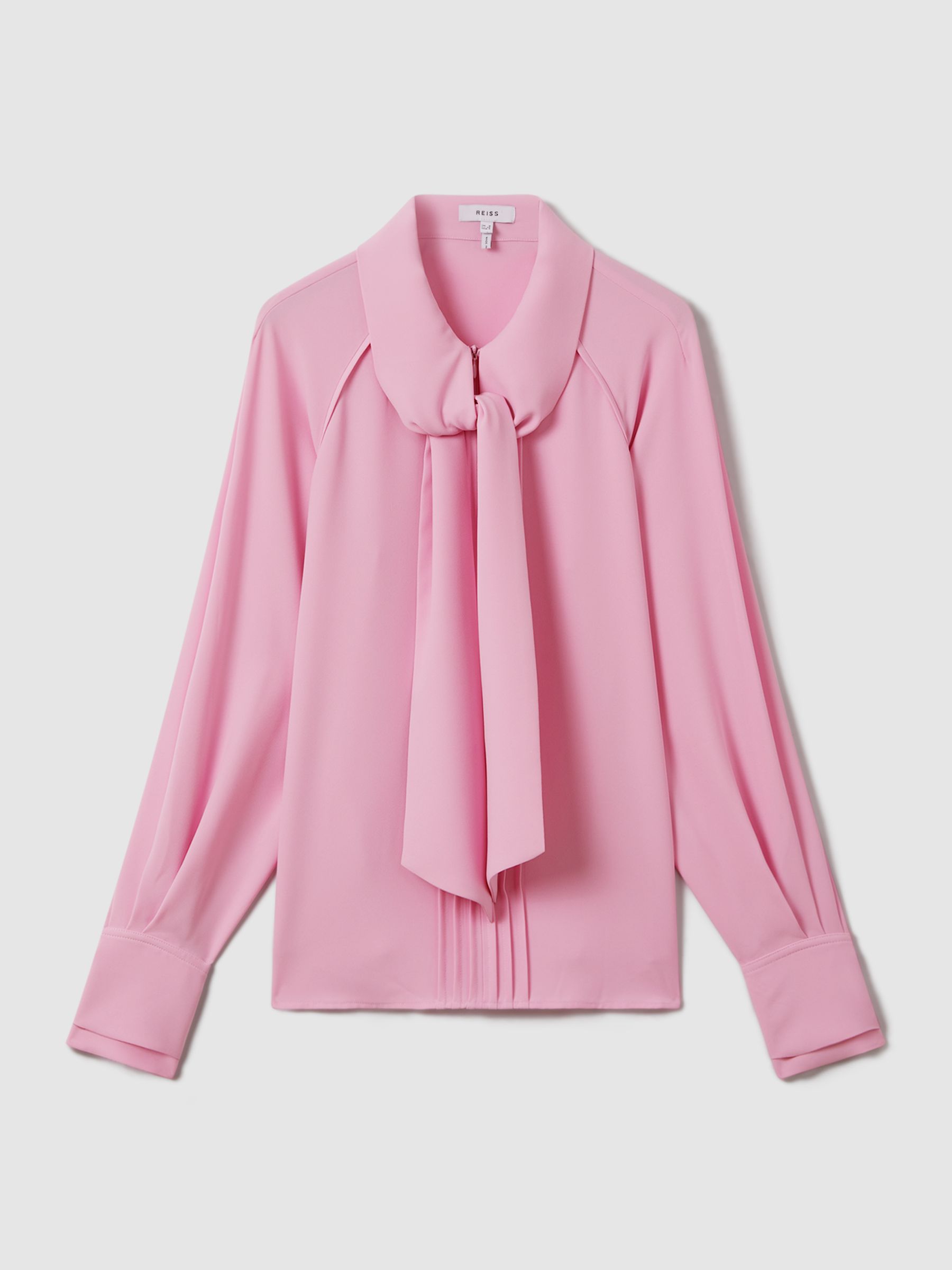 Tie Neck Zip Front Blouse in Pink - Image 2 of 6 Tie Neck Zip Front Blouse in Pink - Image 2 of 6
